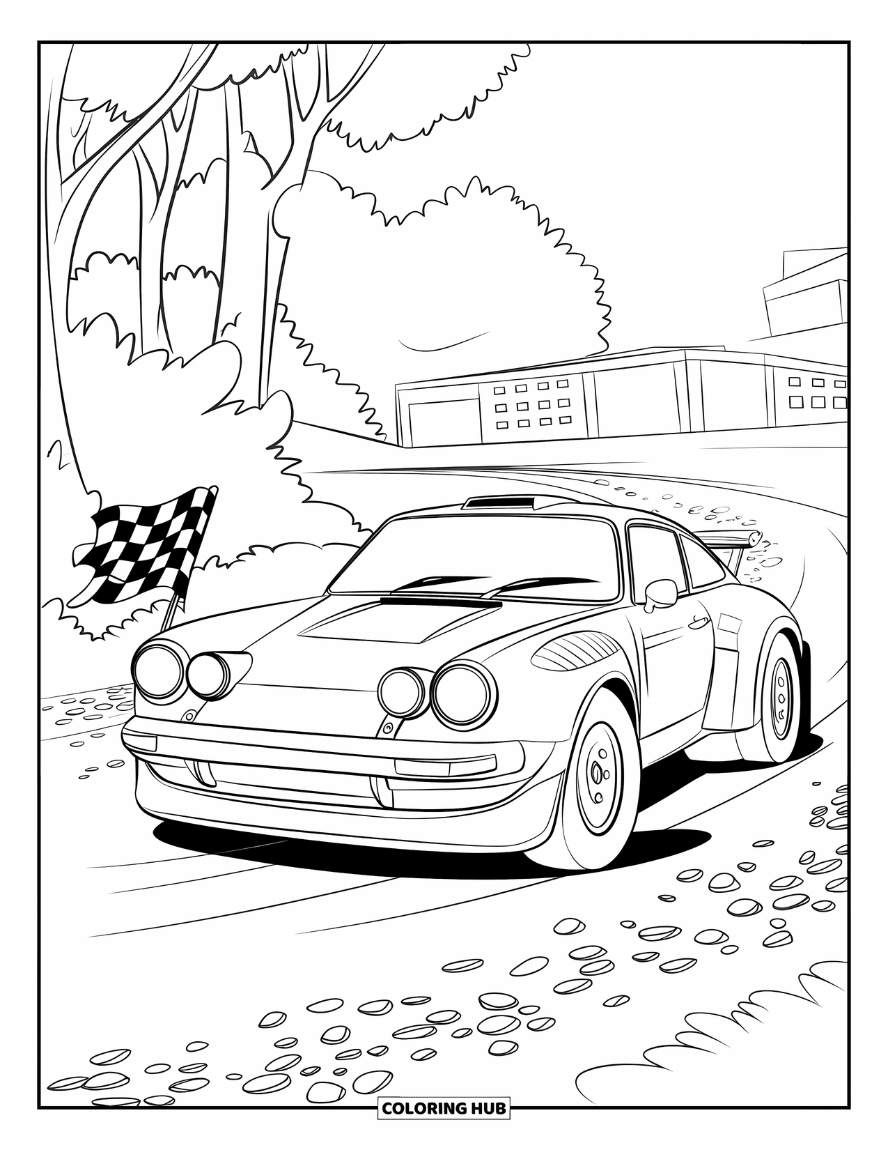 Sports Car Coloring Page for Kids: A rally car rolls over pebbles with a checkered flag flying behind it