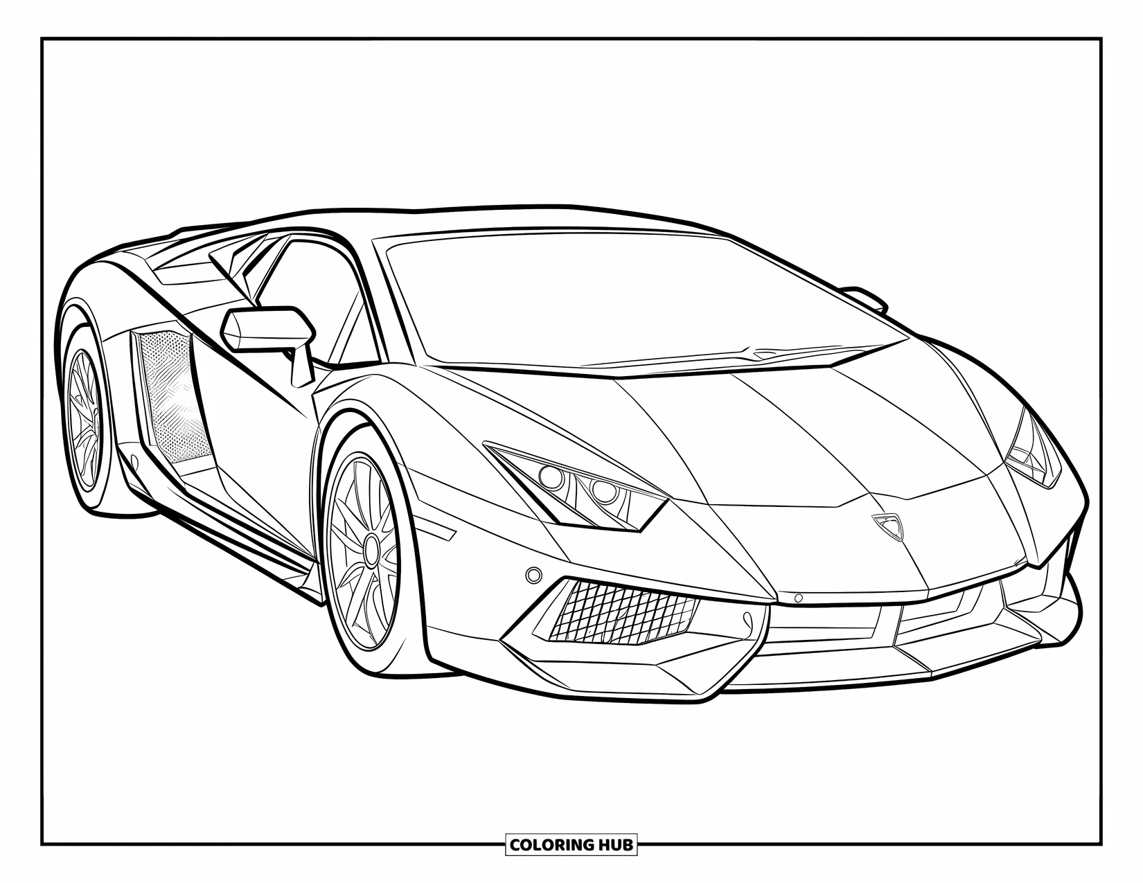 Sports Car Coloring Page for Kids: A sharp sports car stands out with bold lines and a strong front grill