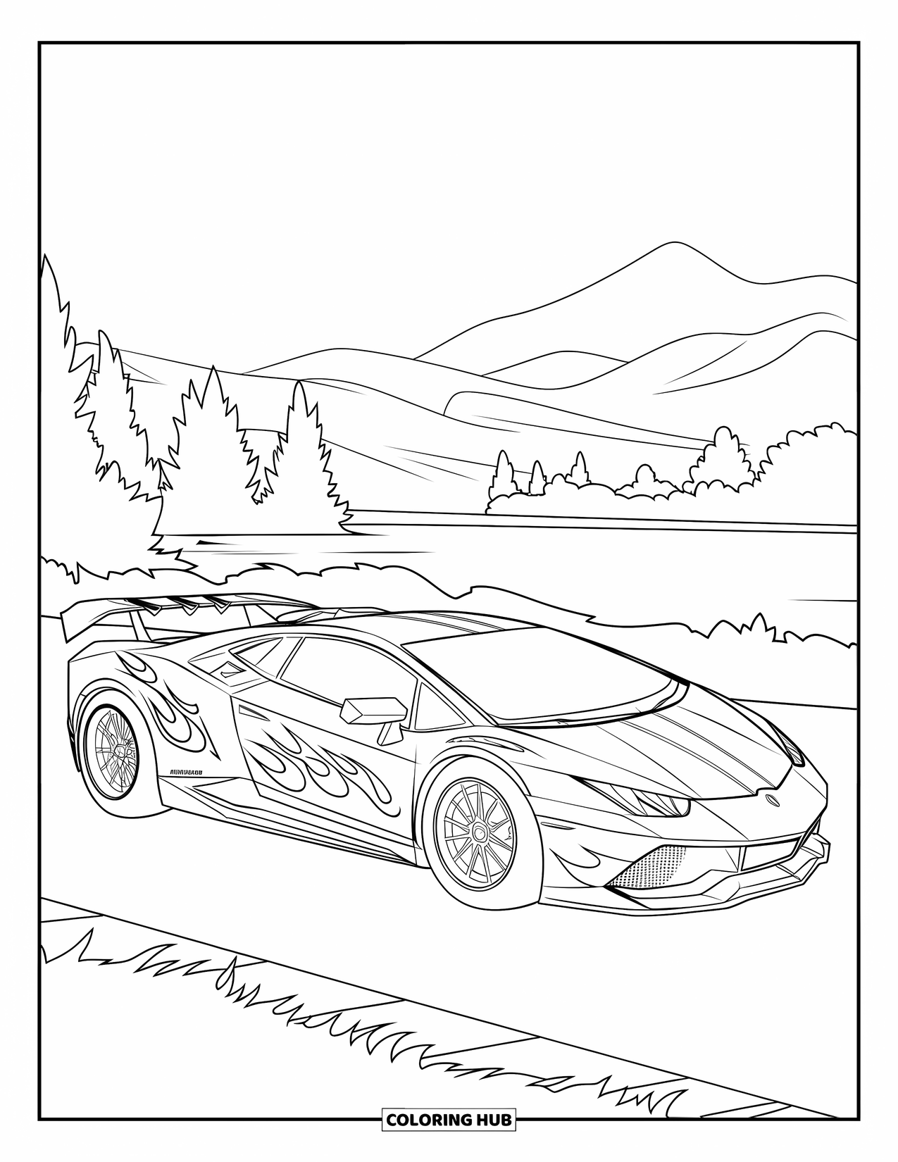 Sports Car Coloring Page for Kids: A side-view race car with stripes and a spoiler rests near mountains and water