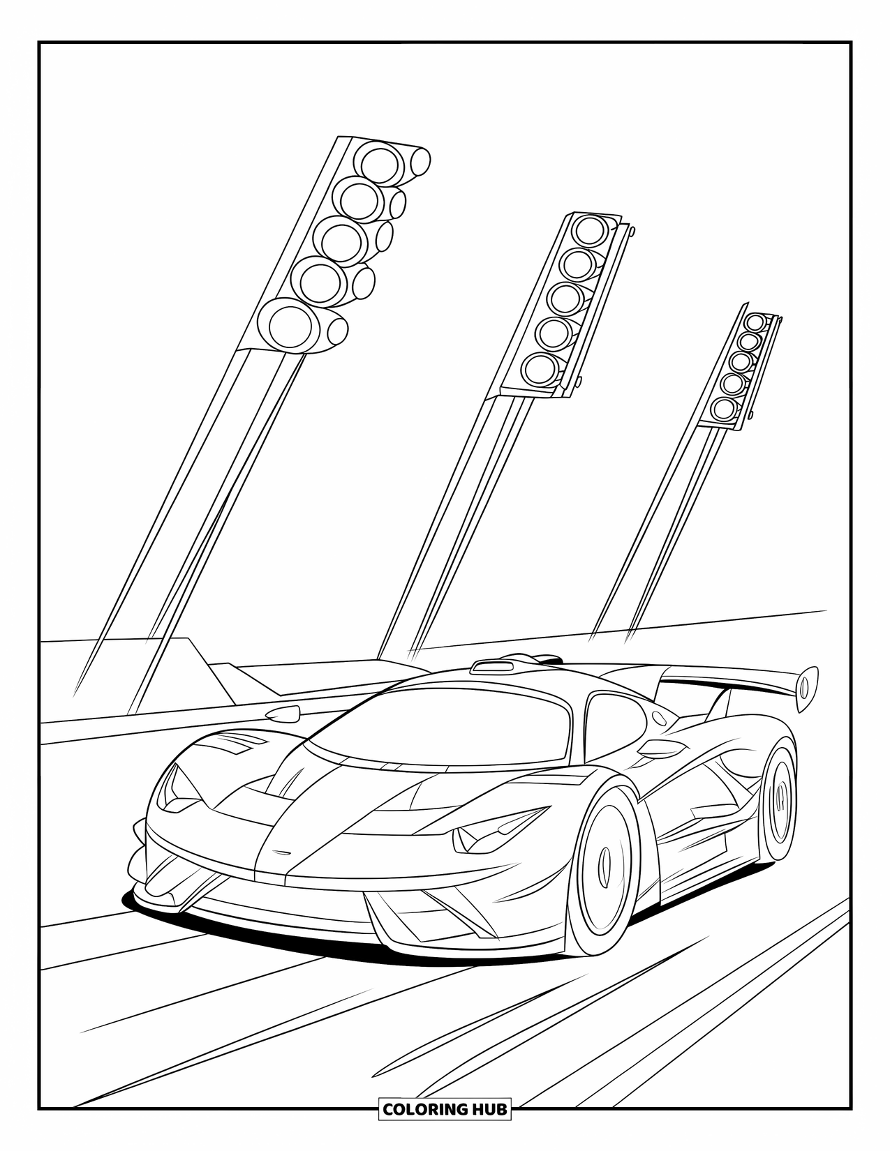Sports Car Coloring Page for Kids: A sleek car waits to race under glowing lights and a marked track line