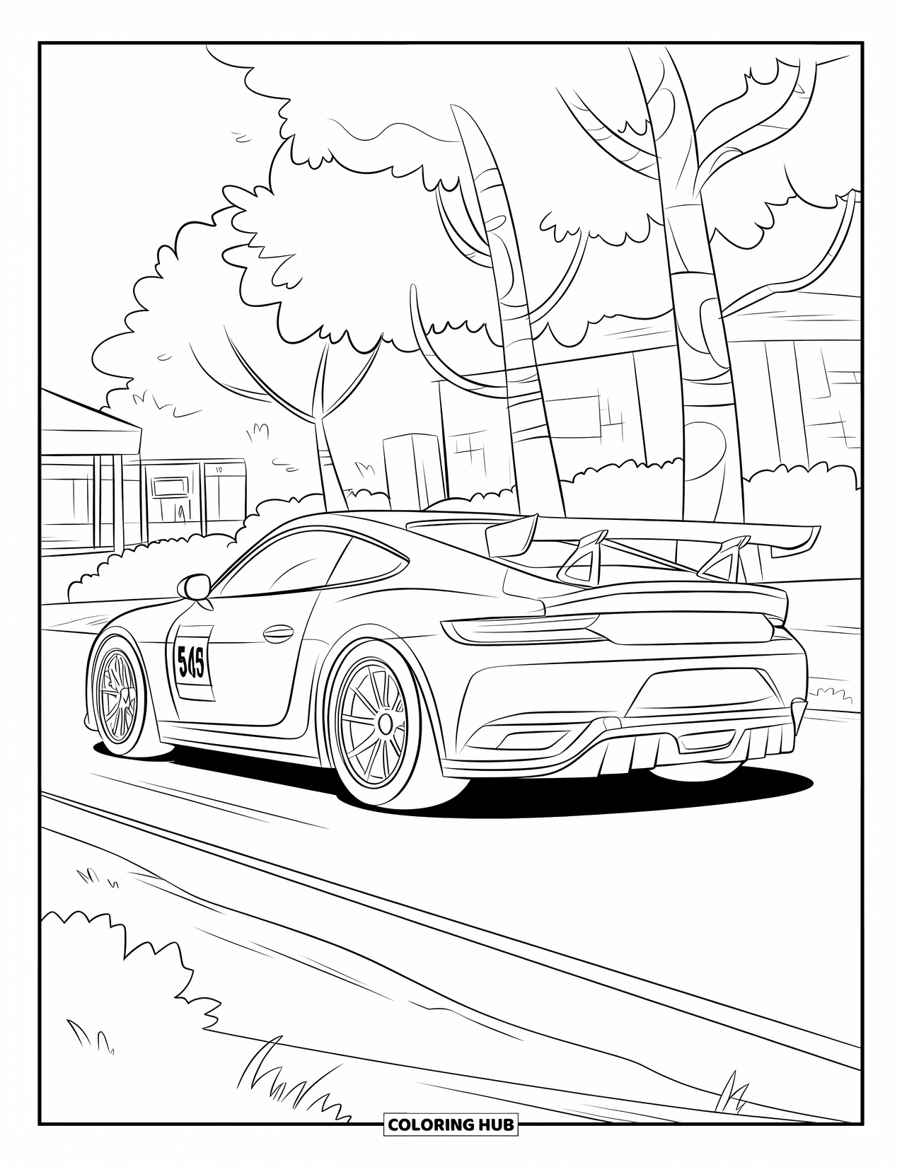 Sports Car Coloring Page for Kids: A sleek car with a spoiler and number waits near trees and a roadside building