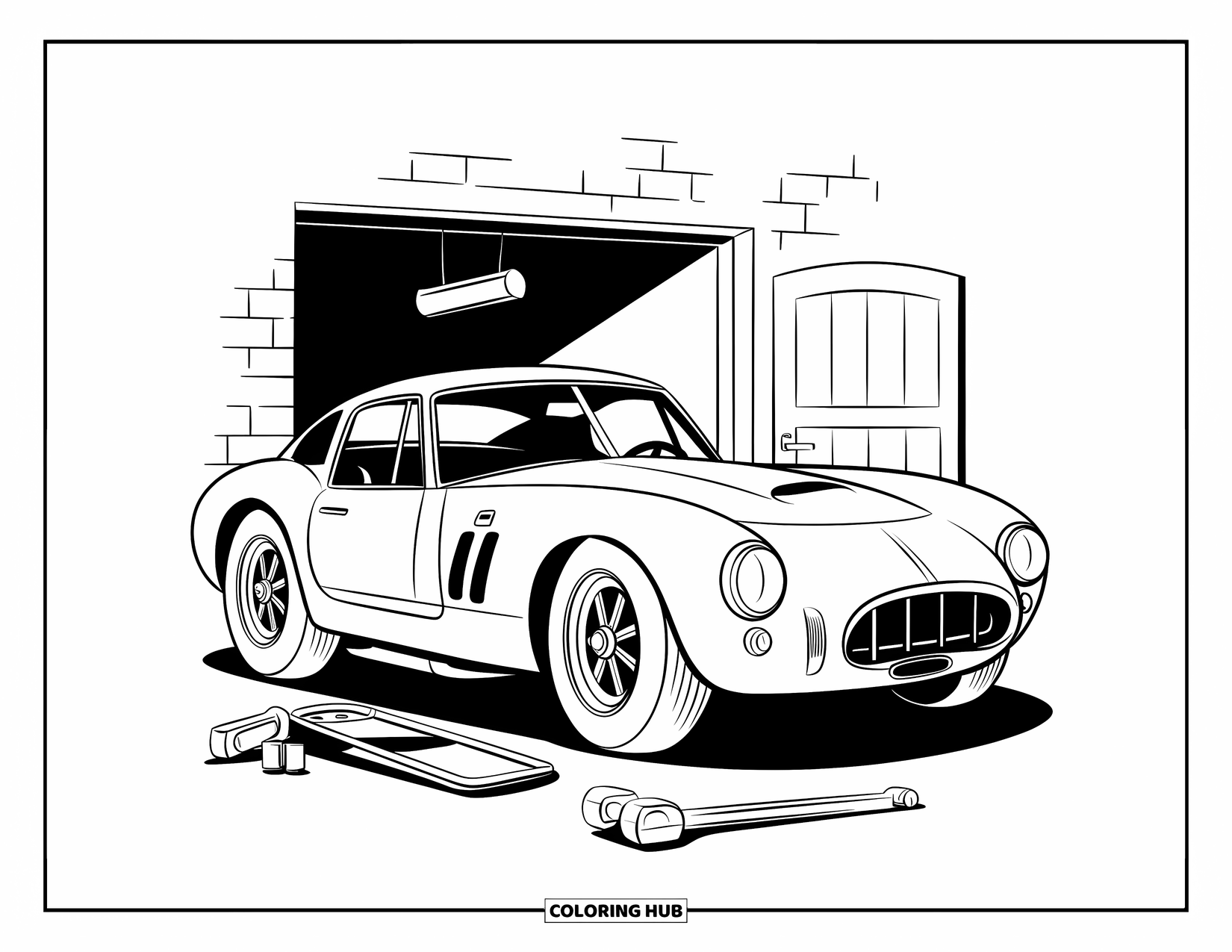 Sports Car Coloring Page for Kids: A sleek race car is parked near tools inside a brick garage with a hanging light