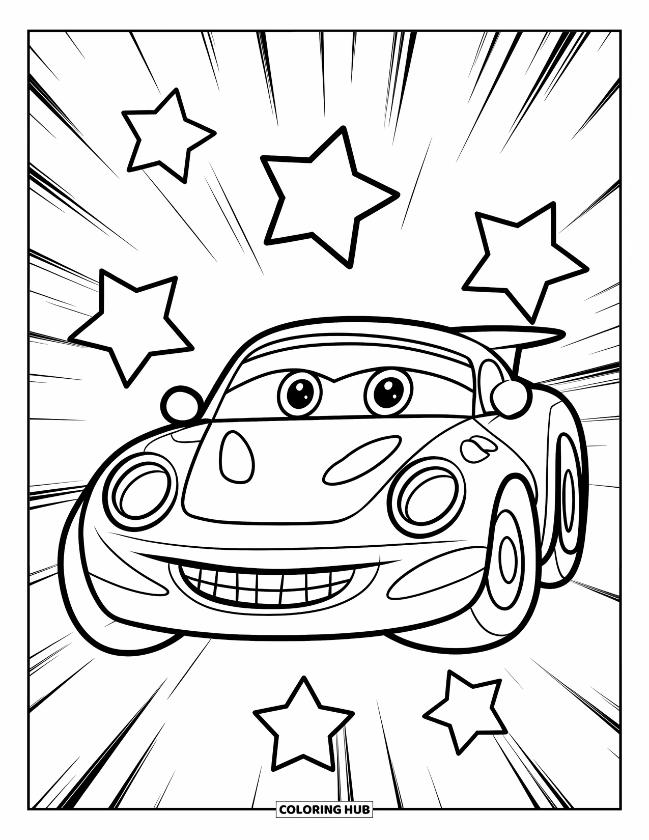 Sports Car Coloring Page for Kids: A smiling car with large headlights is surrounded by five playful stars
