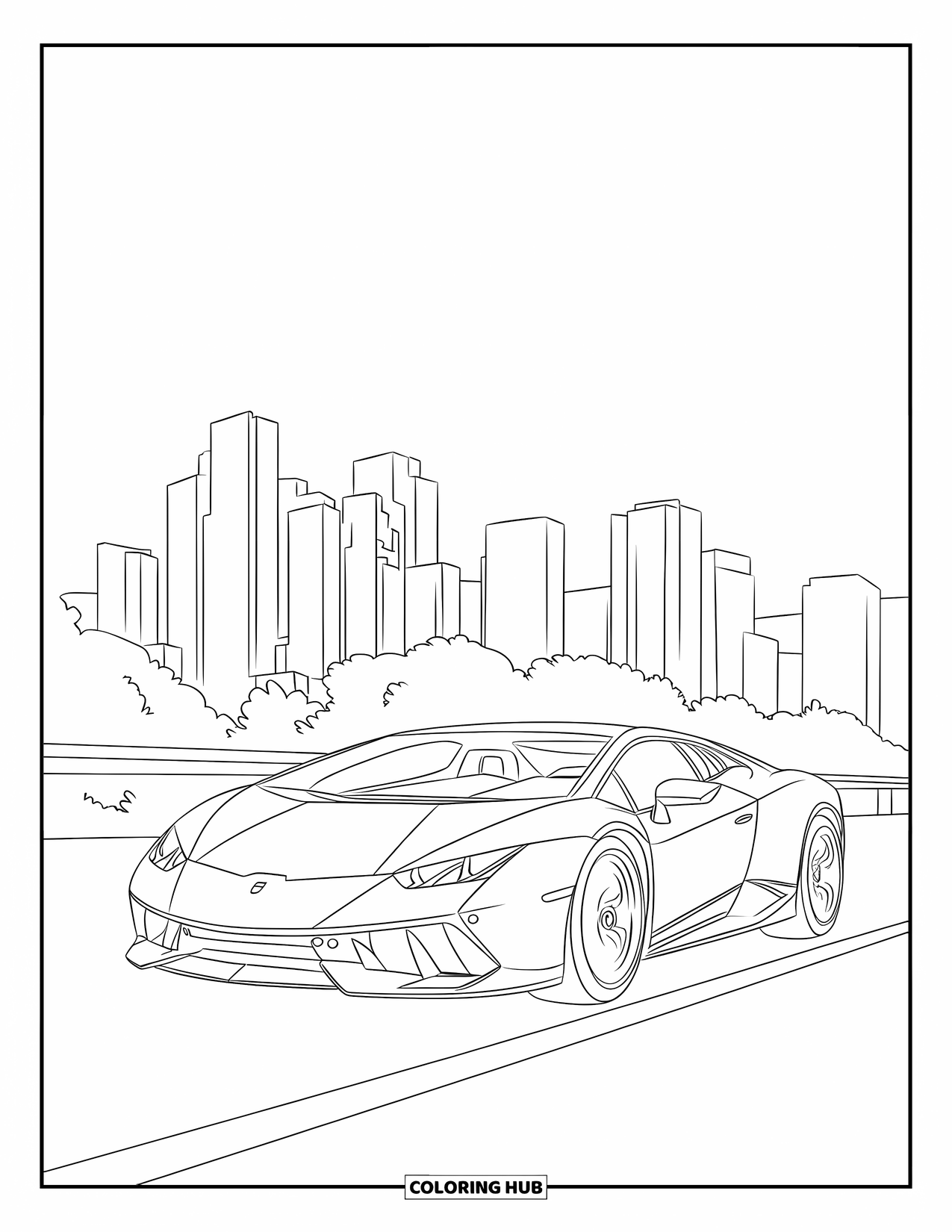 Sports Car Coloring Page for Kids: A sporty car cruises down an open road with tall city buildings ahead