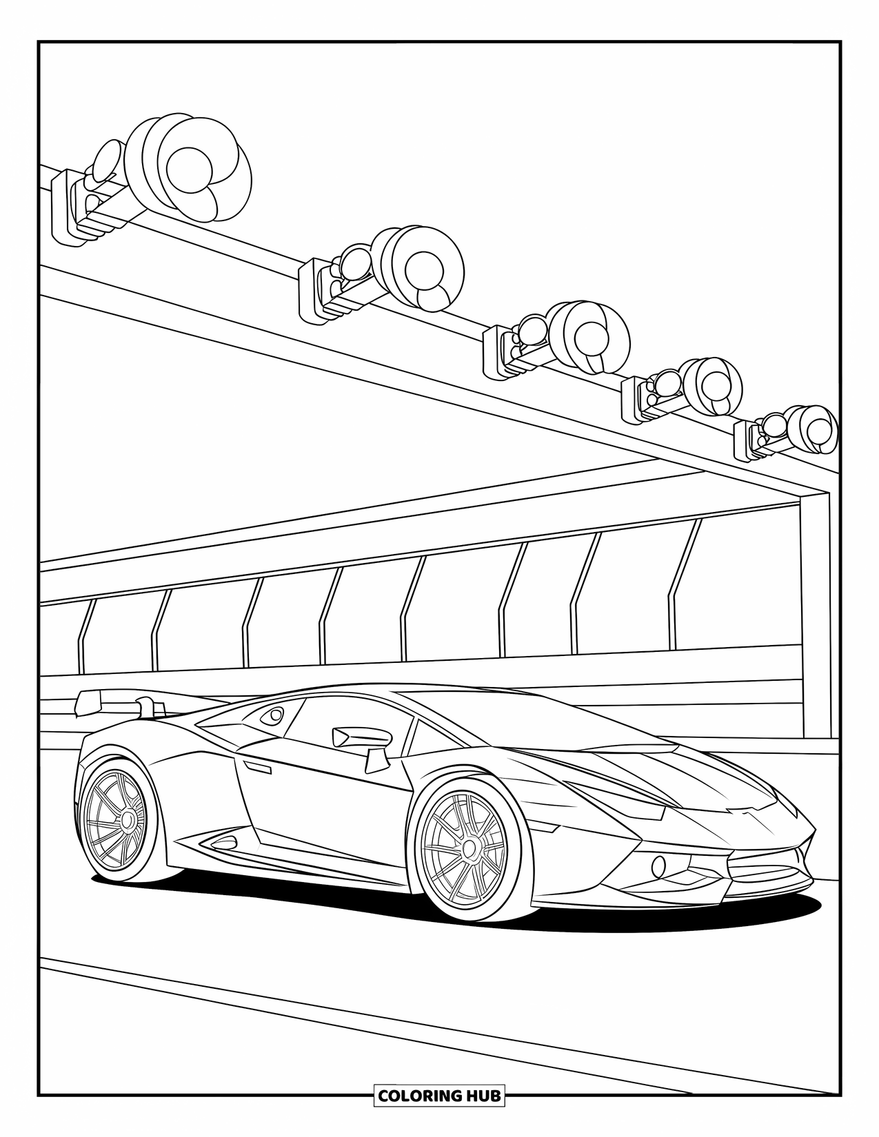Sports Car Coloring Page for Kids: A sporty car sits ready to launch under racing lights in the night