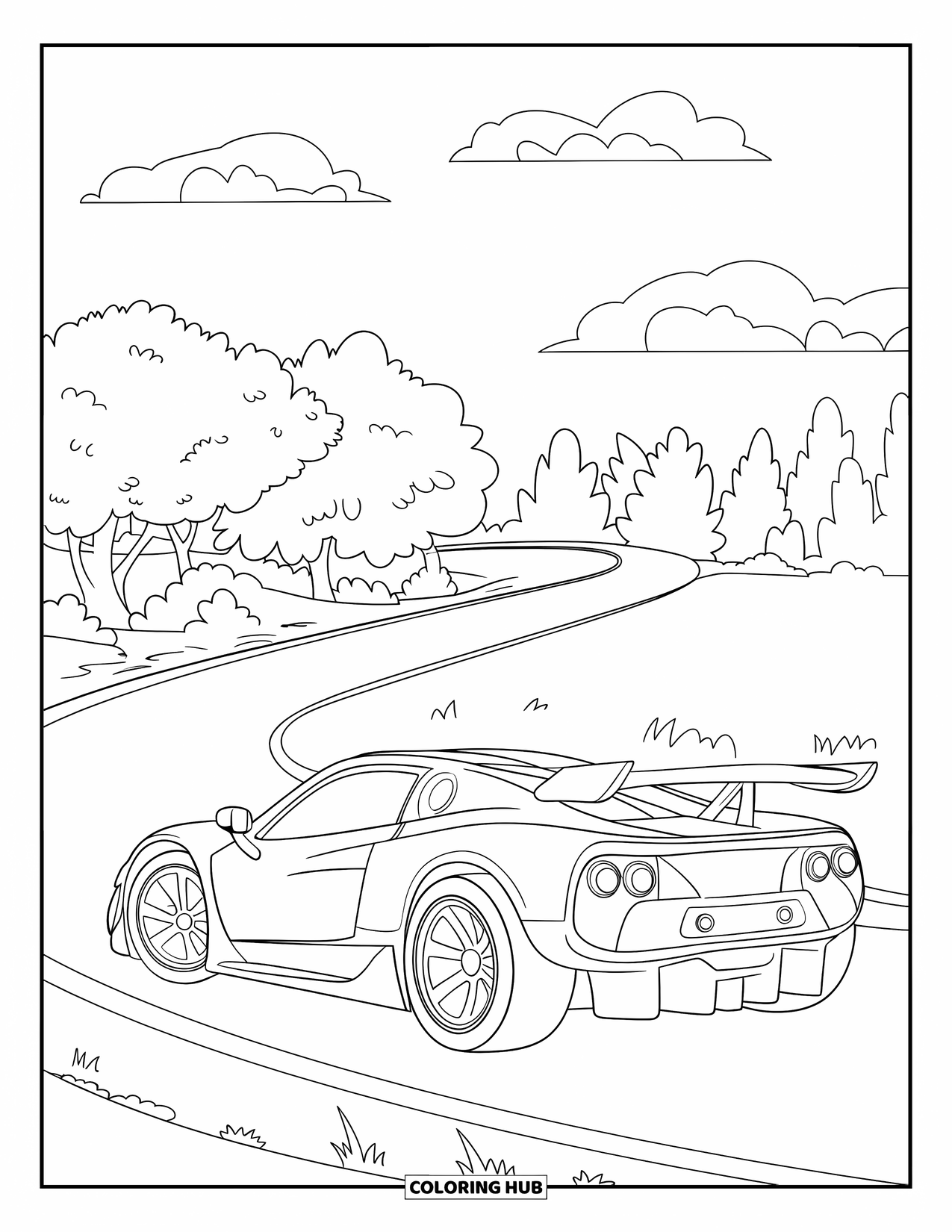 Sports Car Coloring Page for Kids: A sporty car with a big spoiler cruises a curvy road lined with tall trees