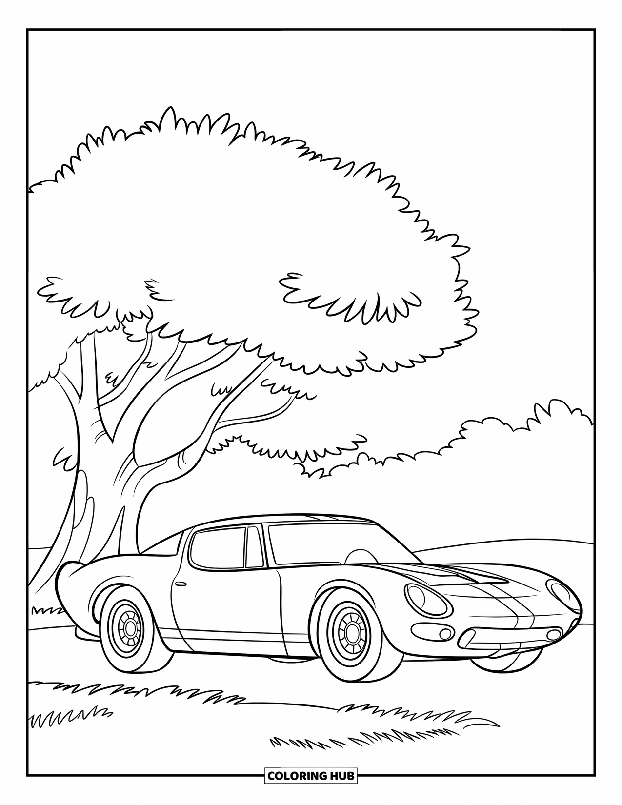 Sports Car Coloring Page for Kids: A sporty car with a stripe is parked under a leafy tree in a grassy field