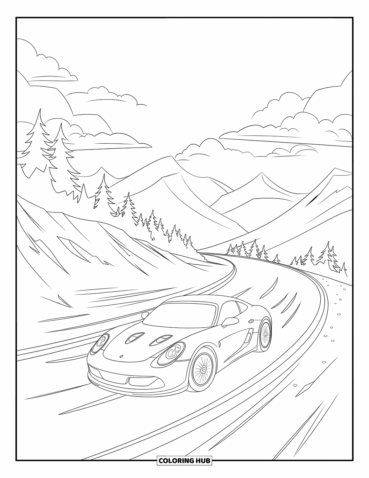 Sports Car Coloring Page for Kids: A sporty car zips through winding mountain roads with trees and motion lines behind it