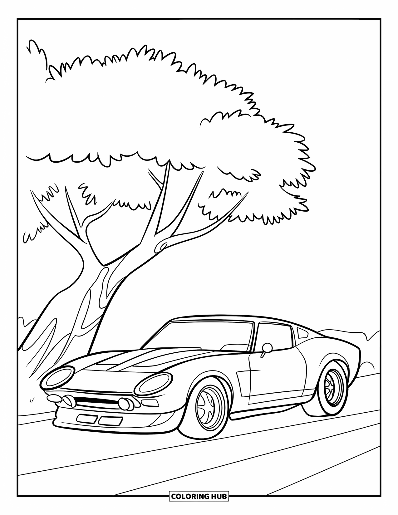 Sports Car Coloring Page for Kids: A sporty striped car is parked on flat ground next to a tree with three branches