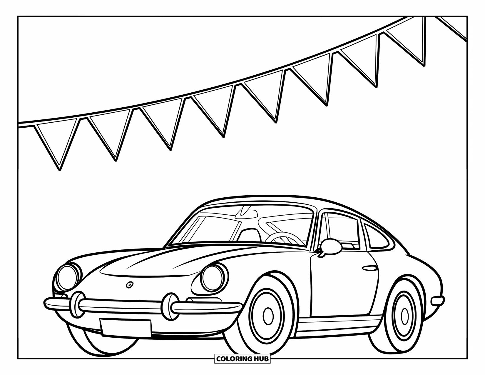 Sports Car Coloring Page for Kids: A two-door car rests under triangle flags in a fun roadside scene