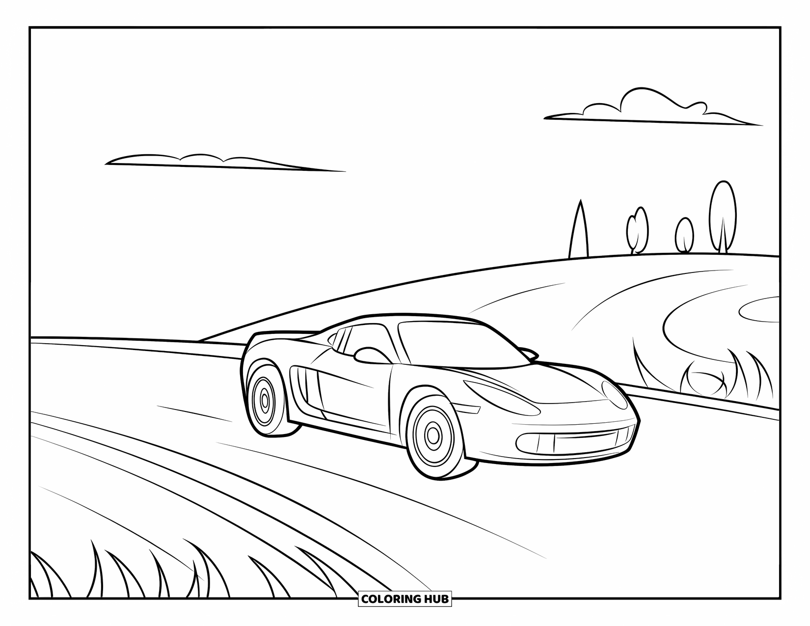 Sports Car Coloring Page for Kids: A two-wheeled car drives up a hill with trees and clouds in the sky