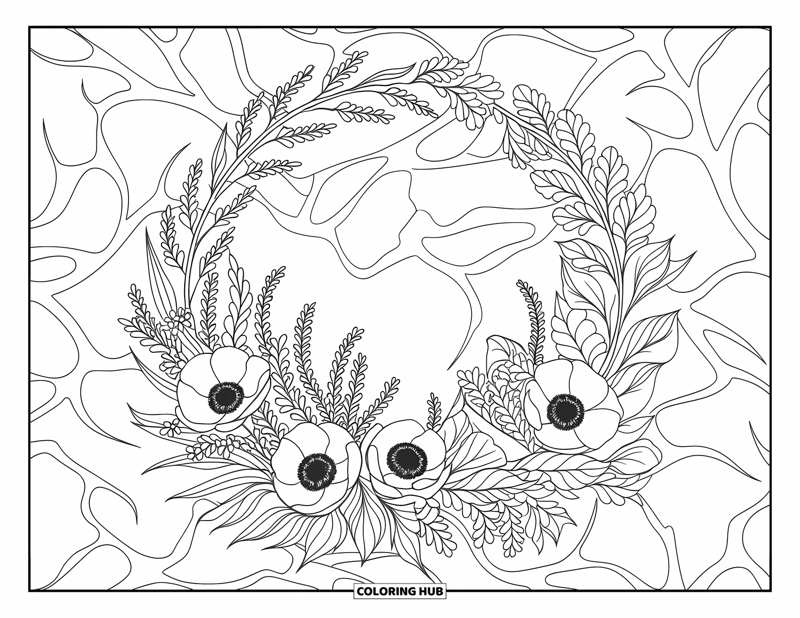 Spring Flowers Coloring Page for Adults: A bold wreath of spring blooms is framed by twisted branches