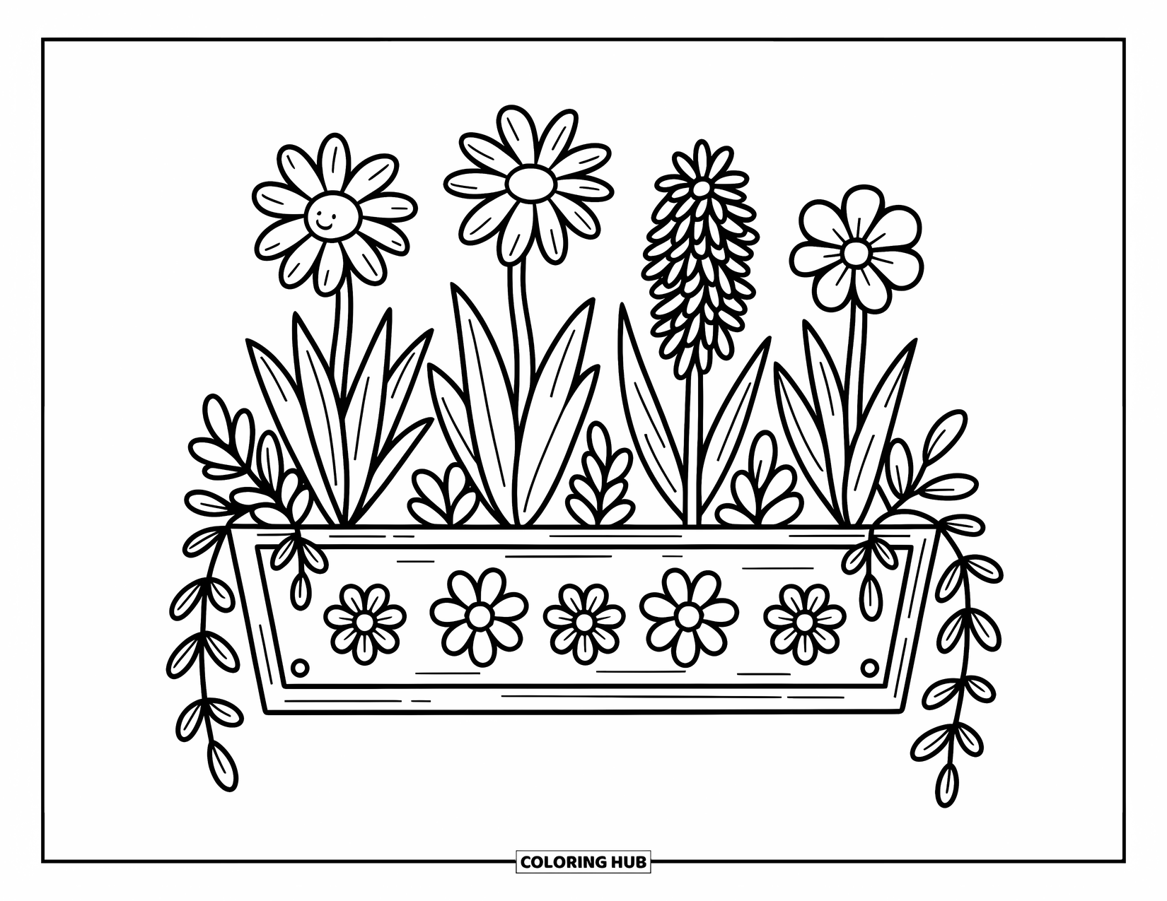 Spring Flowers Coloring Page for Adults: A carved window box is filled with cute spring blooms and trailing leaves
