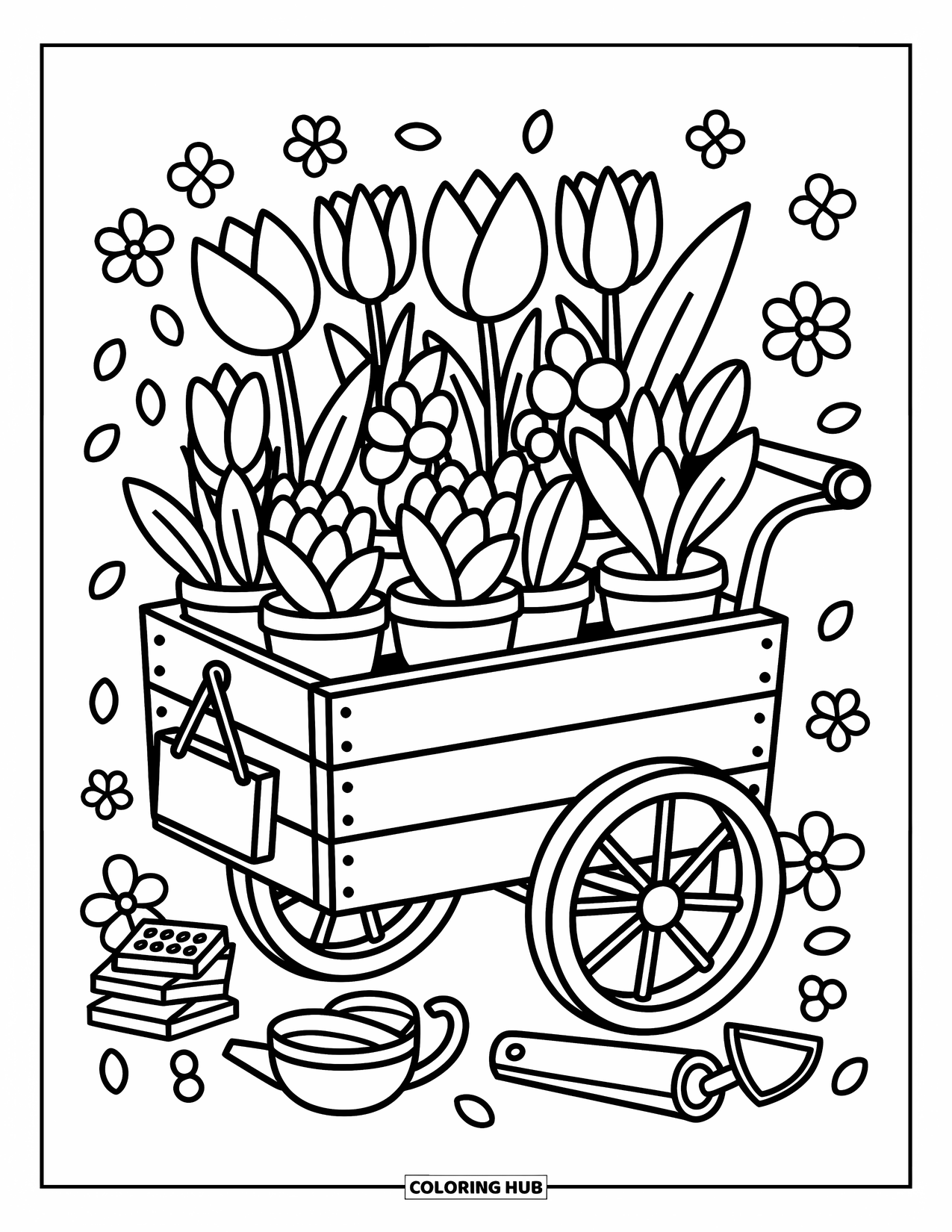 Spring Flowers Coloring Page for Adults: A cheerful flower cart holds potted blooms with garden tools tucked below