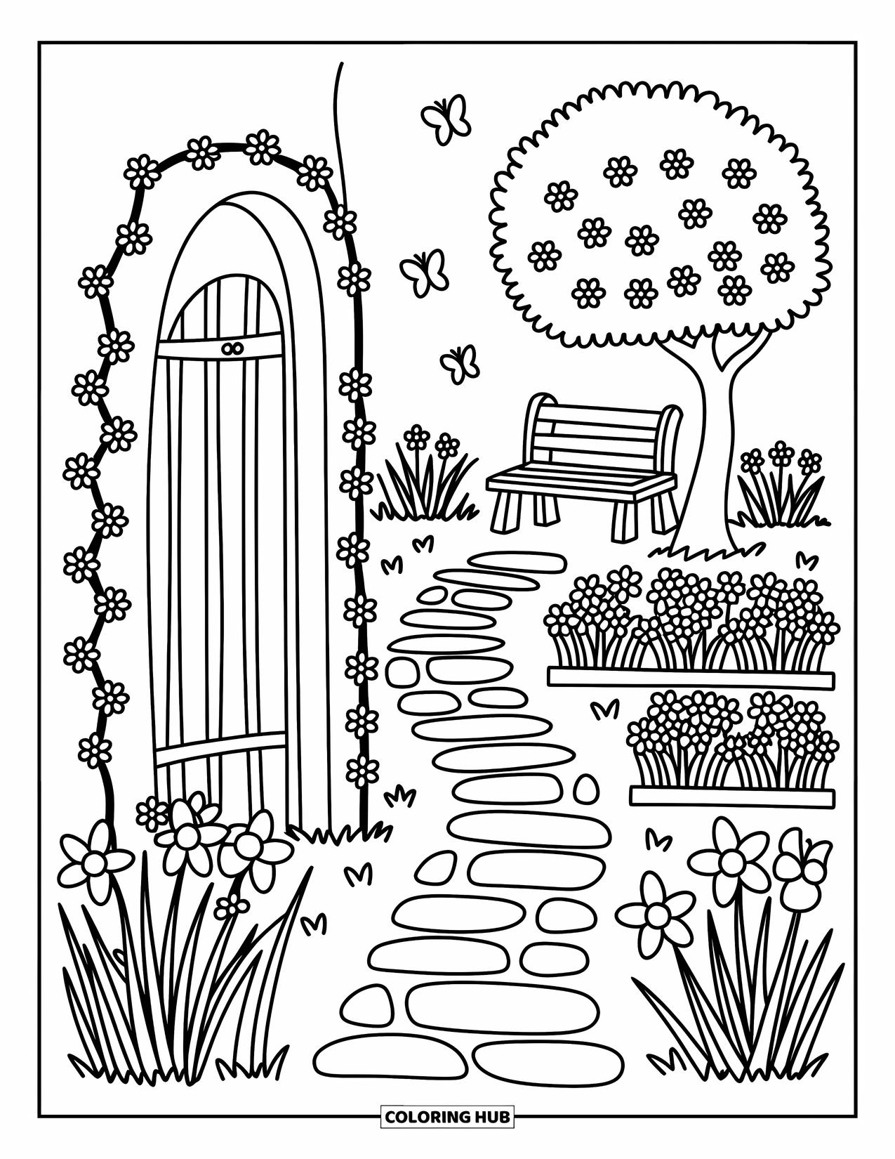 Spring Flowers Coloring Page for Adults: A cozy bench rests in a secret garden filled with flowers and fluttering wings