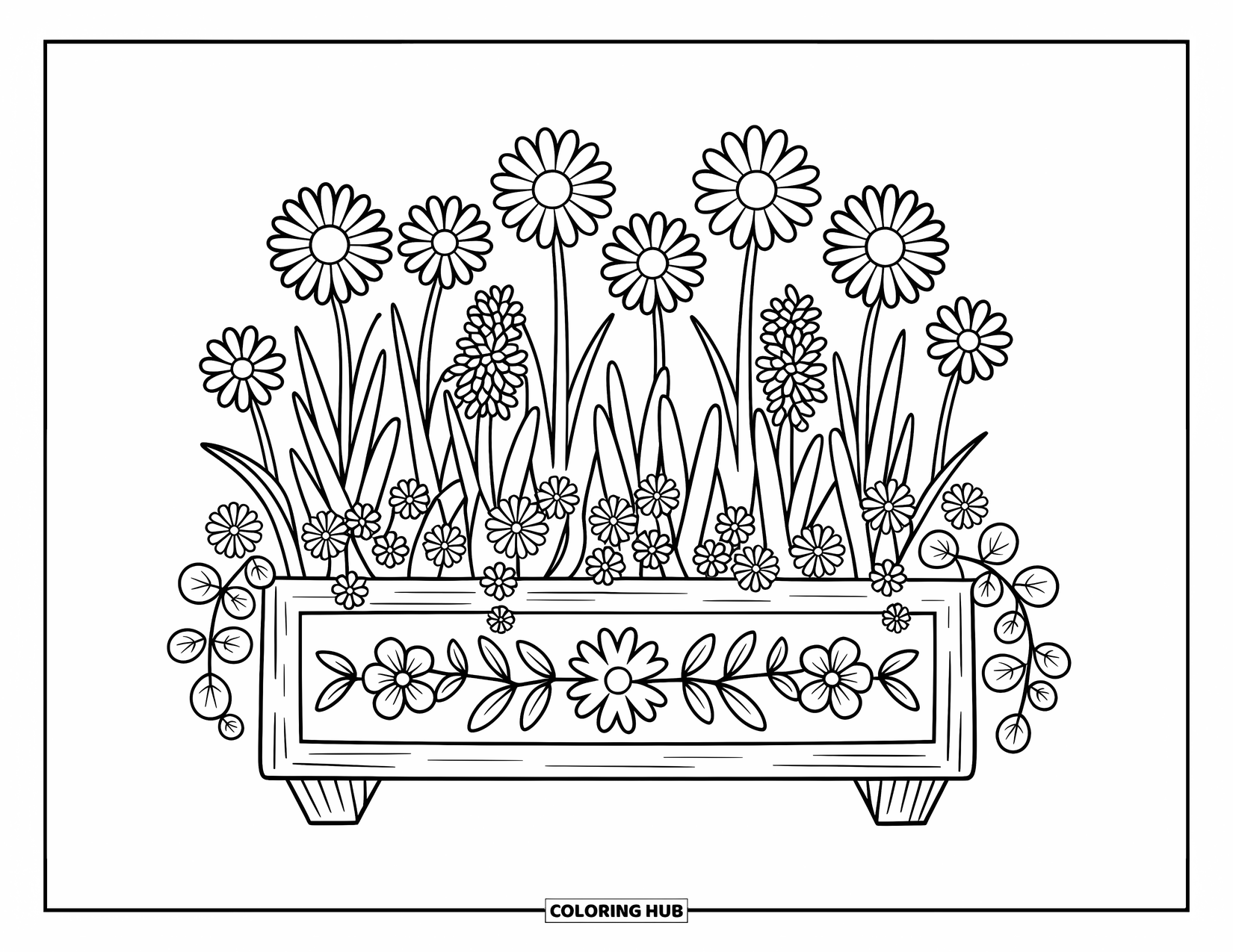 Spring Flowers Coloring Page for Adults: A cozy flower box holds daisies, hyacinths, and pansies with playful leaves