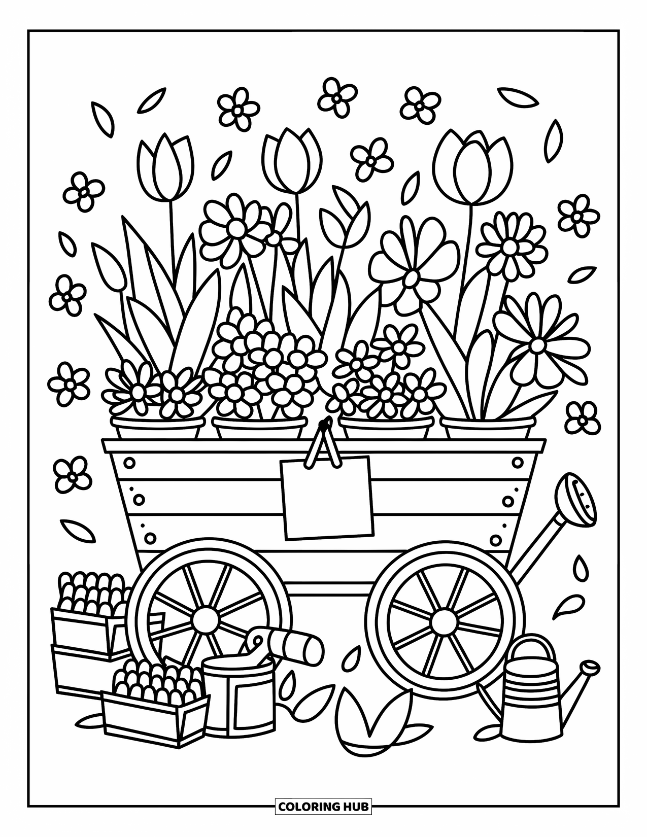 Spring Flowers Coloring Page for Adults: A flower cart holds tulips, daisies, and peonies in tiny pots