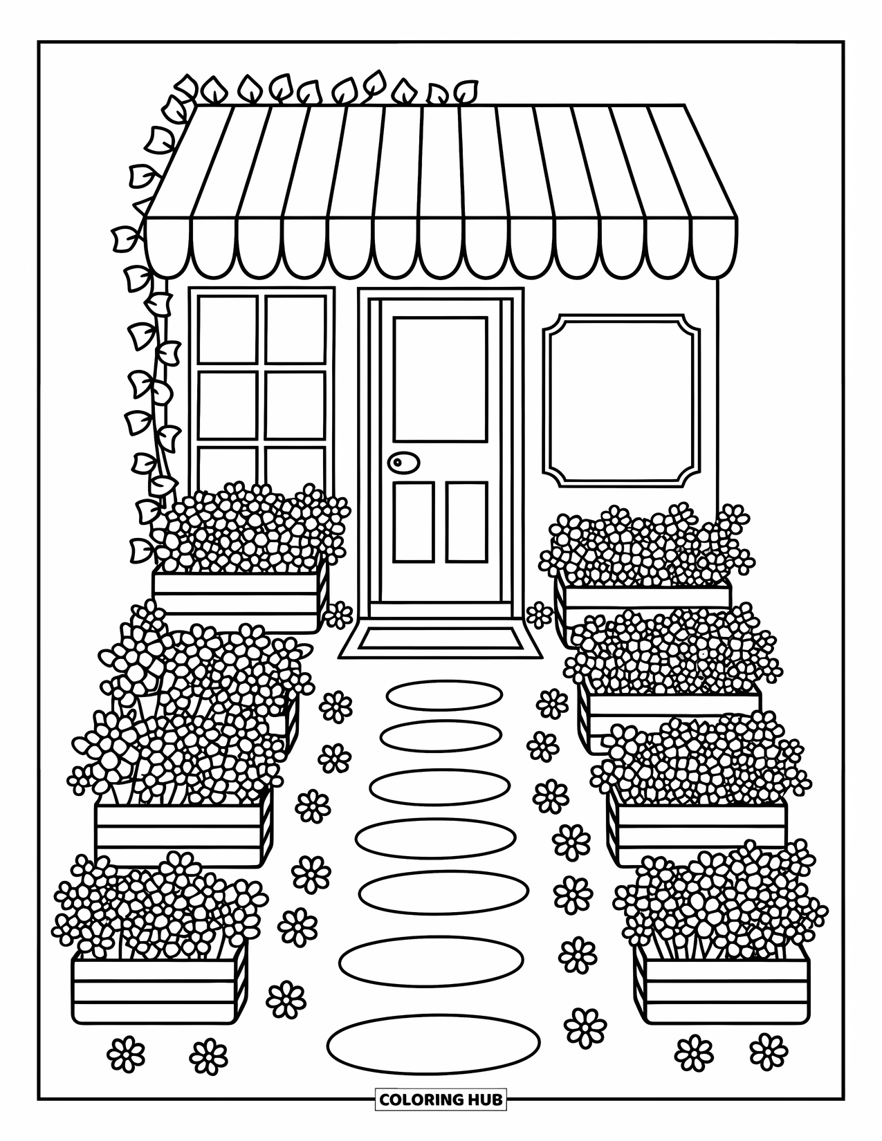 Spring Flowers Coloring Page for Adults: A flower shop with a striped awning is lined with vases and ivy vines