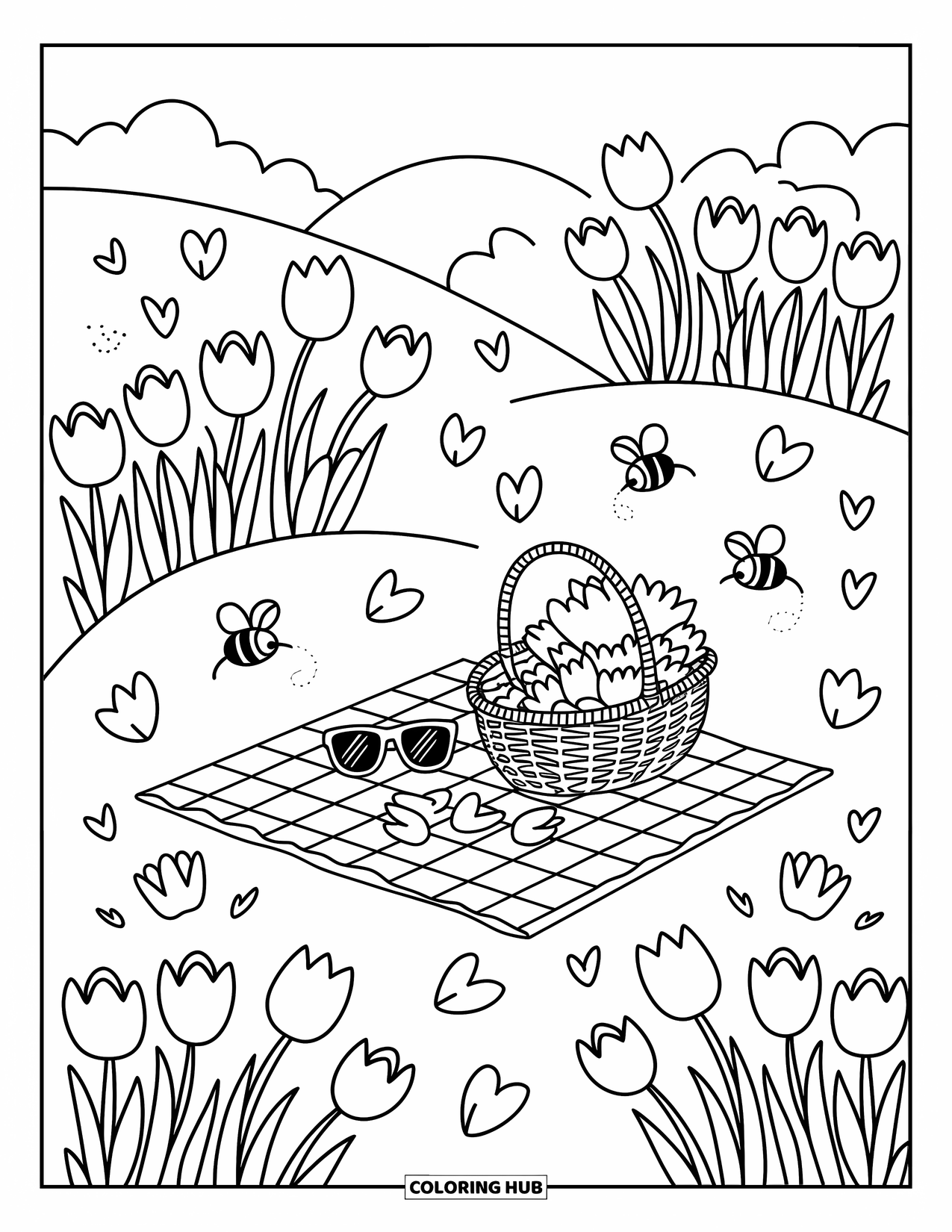 Spring Flowers Coloring Page for Adults: A gentle hill of tulips surrounds a spring picnic scene with bees nearby