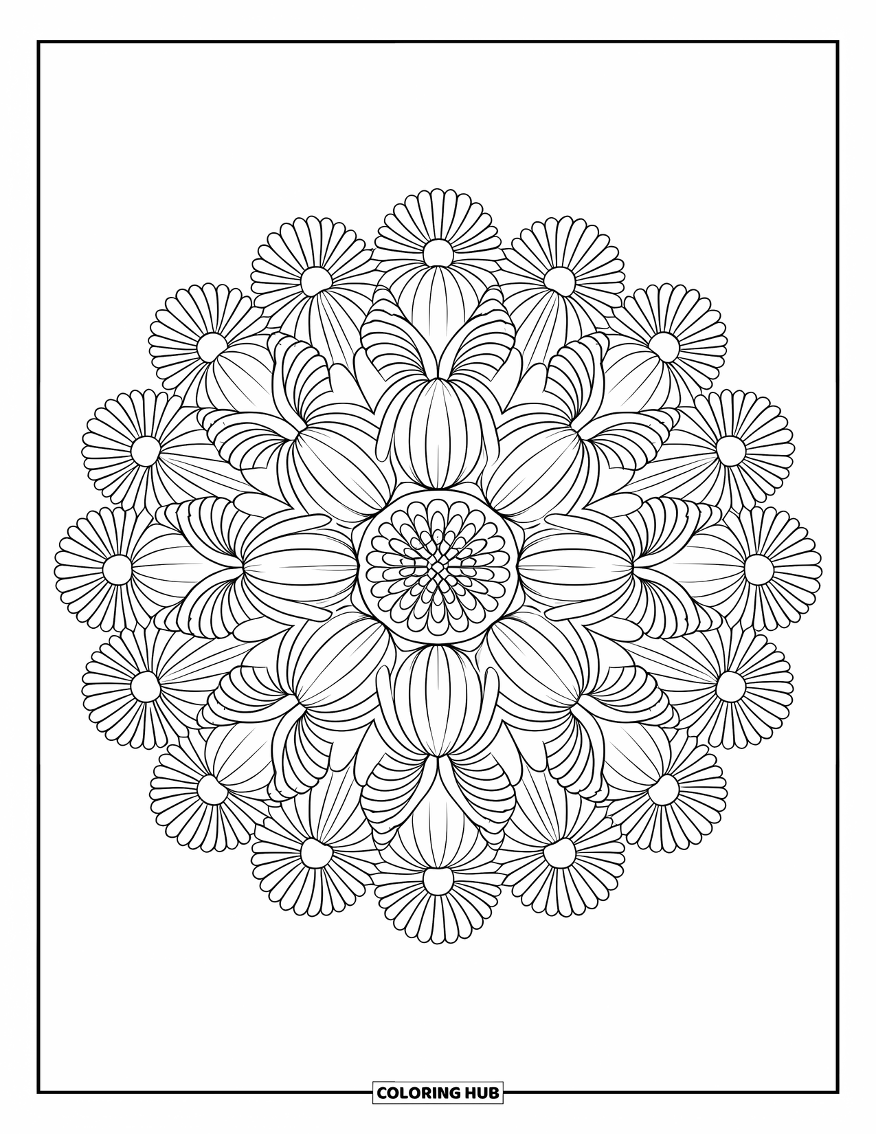 Spring Flowers Coloring Page for Adults: A petal mandala of daisies and chrysanthemums fills the page