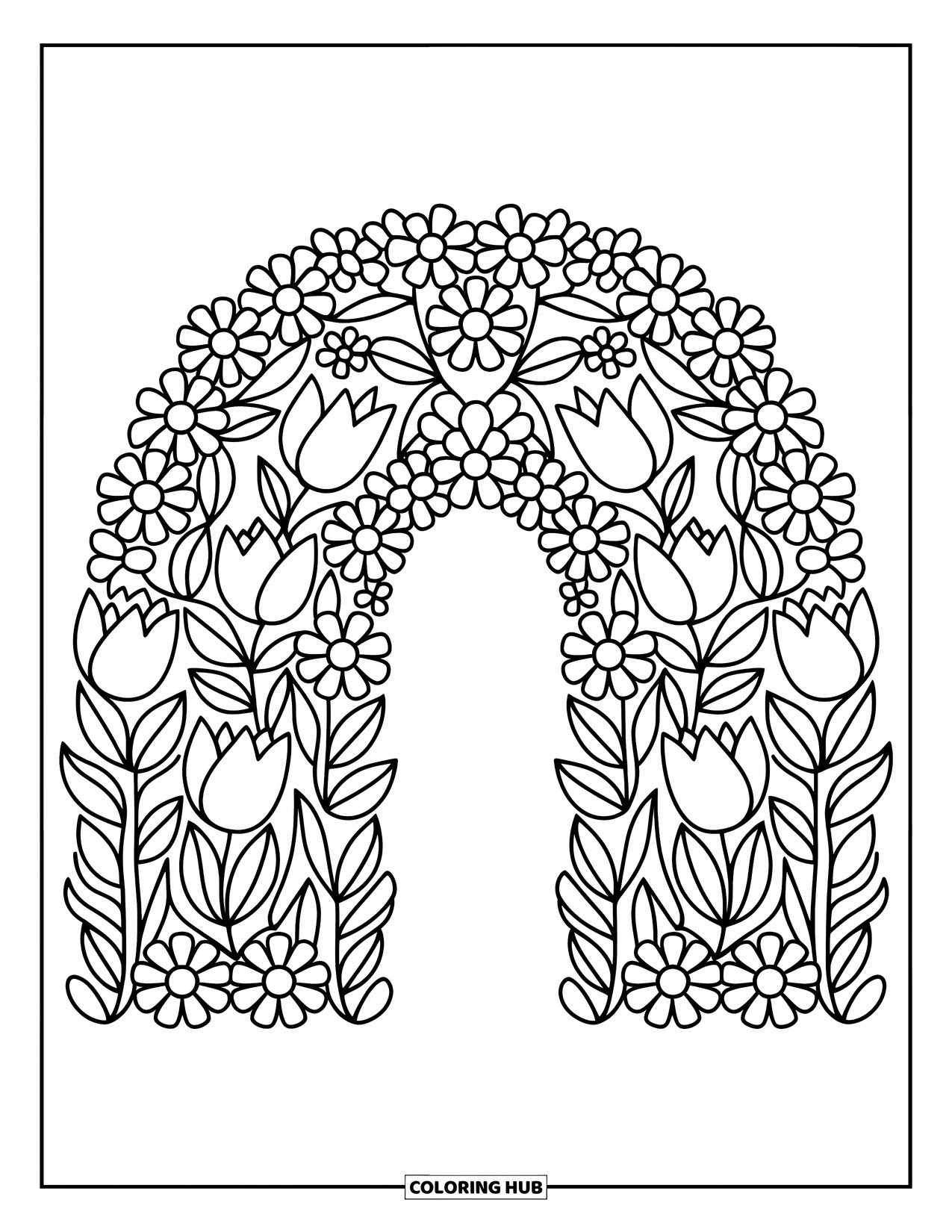 Spring Flowers Coloring Page for Adults: A rainbow arch of spring flowers adds a cute frame to the page