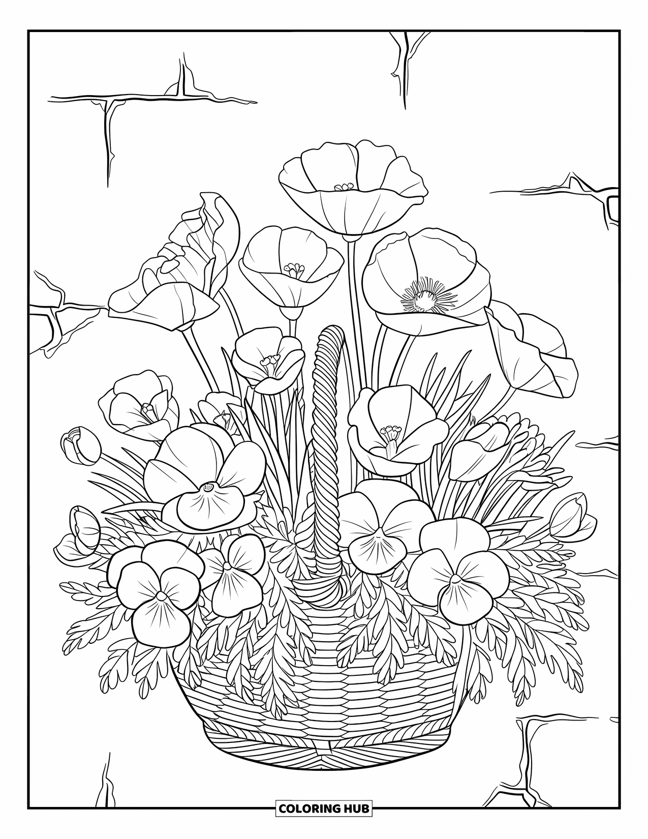 Spring Flowers Coloring Page for Adults: A wicker flower basket overflows with pansies, poppies, and crocuses