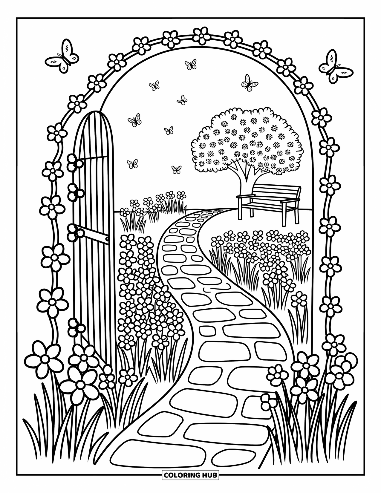 Spring Flowers Coloring Page for Adults: A winding stone path leads into a secret garden full of tiny blooms