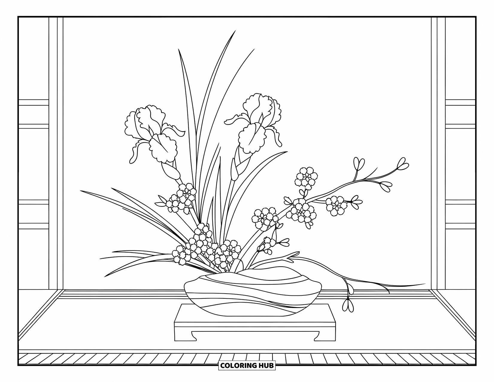 Spring Flowers Coloring Page for Adults: An ikebana of iris, cherry blossoms, and grass sits on a tatami mat