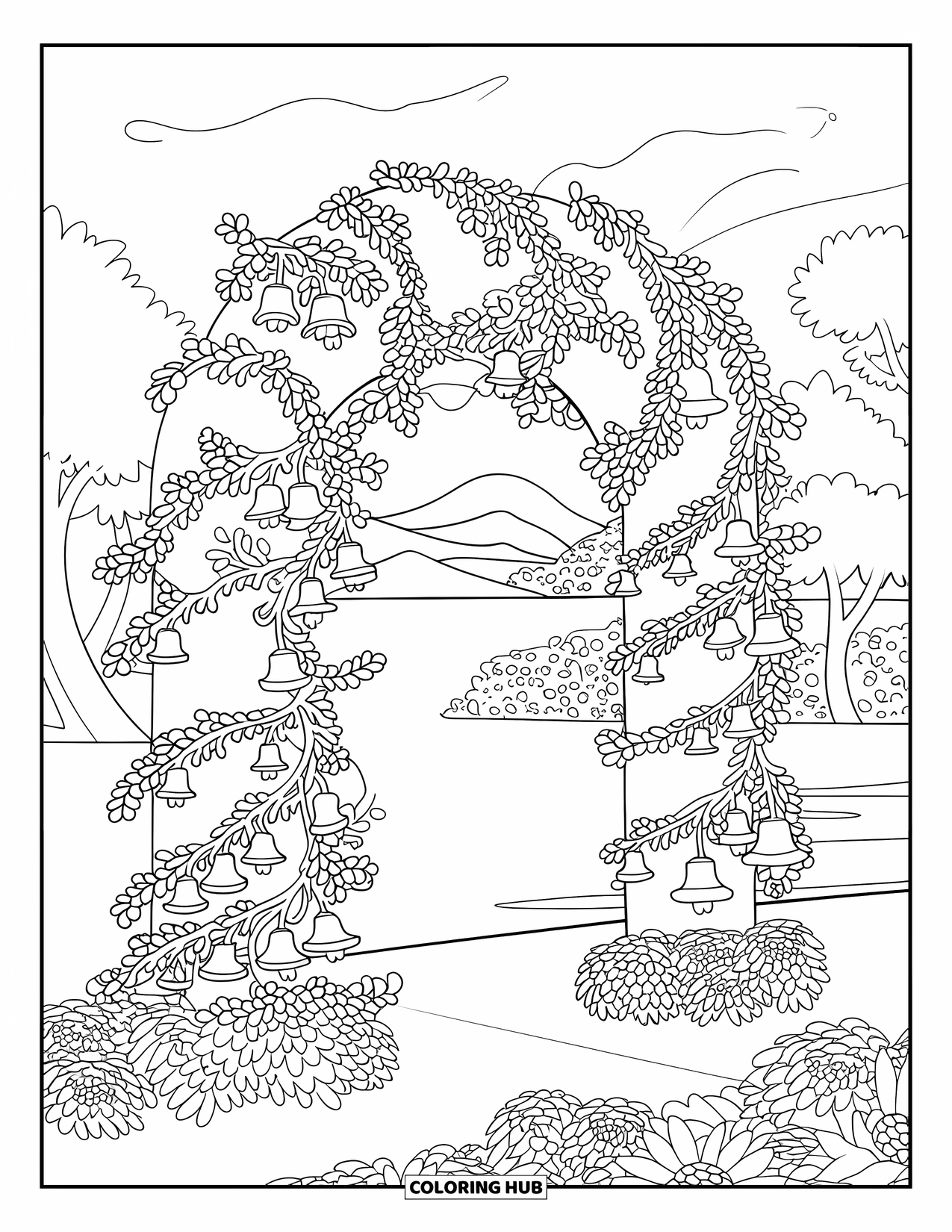 Spring Flowers Coloring Page for Adults: Bellflowers and vines form an archway over a calm landscape