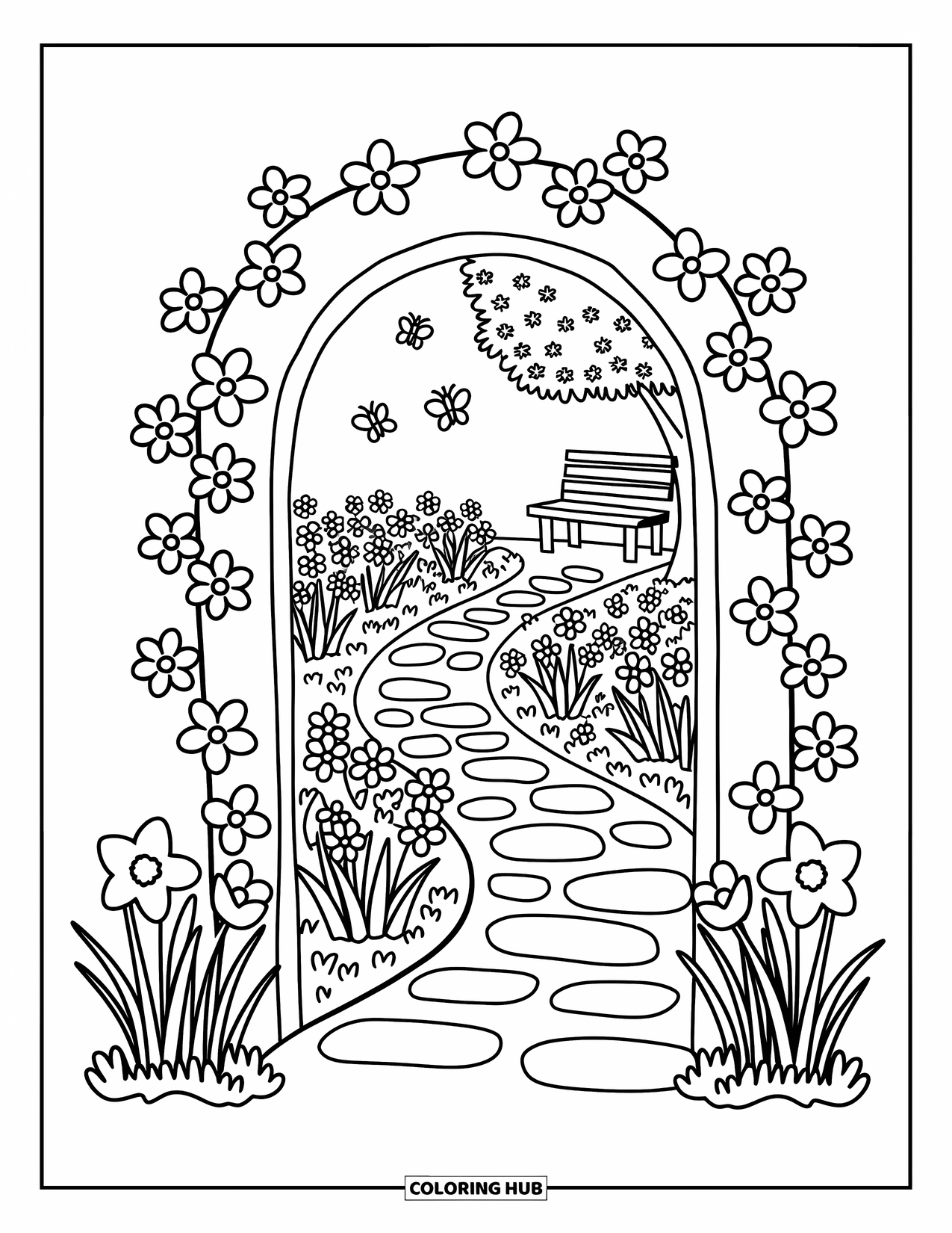Spring Flowers Coloring Page for Adults: Daffodils and crocuses line a garden path with butterflies and a tiny gate
