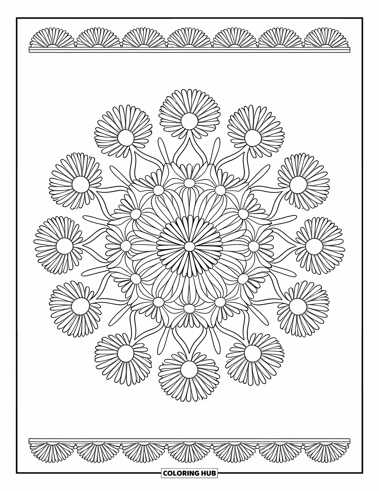 Spring Flowers Coloring Page for Adults: Daisy and chrysanthemum petals form a central mandala