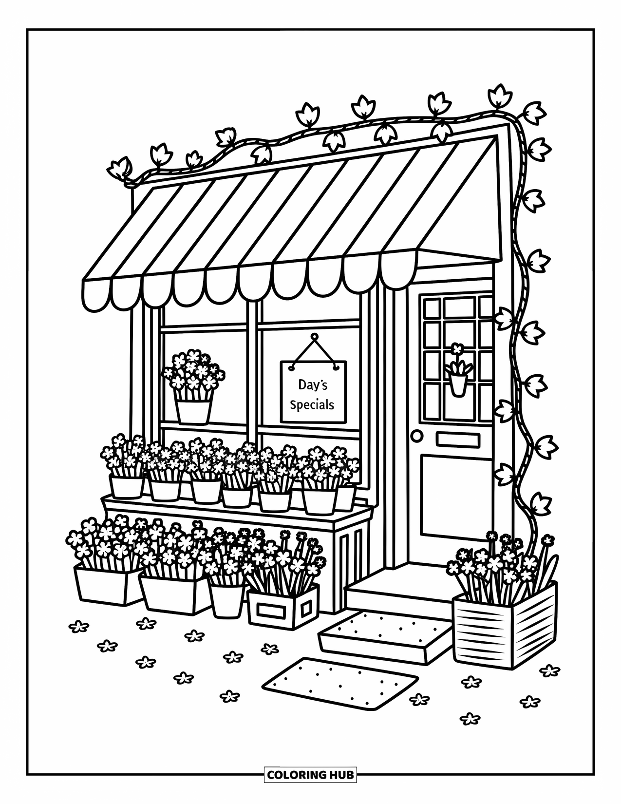 Spring Flowers Coloring Page for Adults: Potted flowers line the path to a flower shop with a cute welcome mat