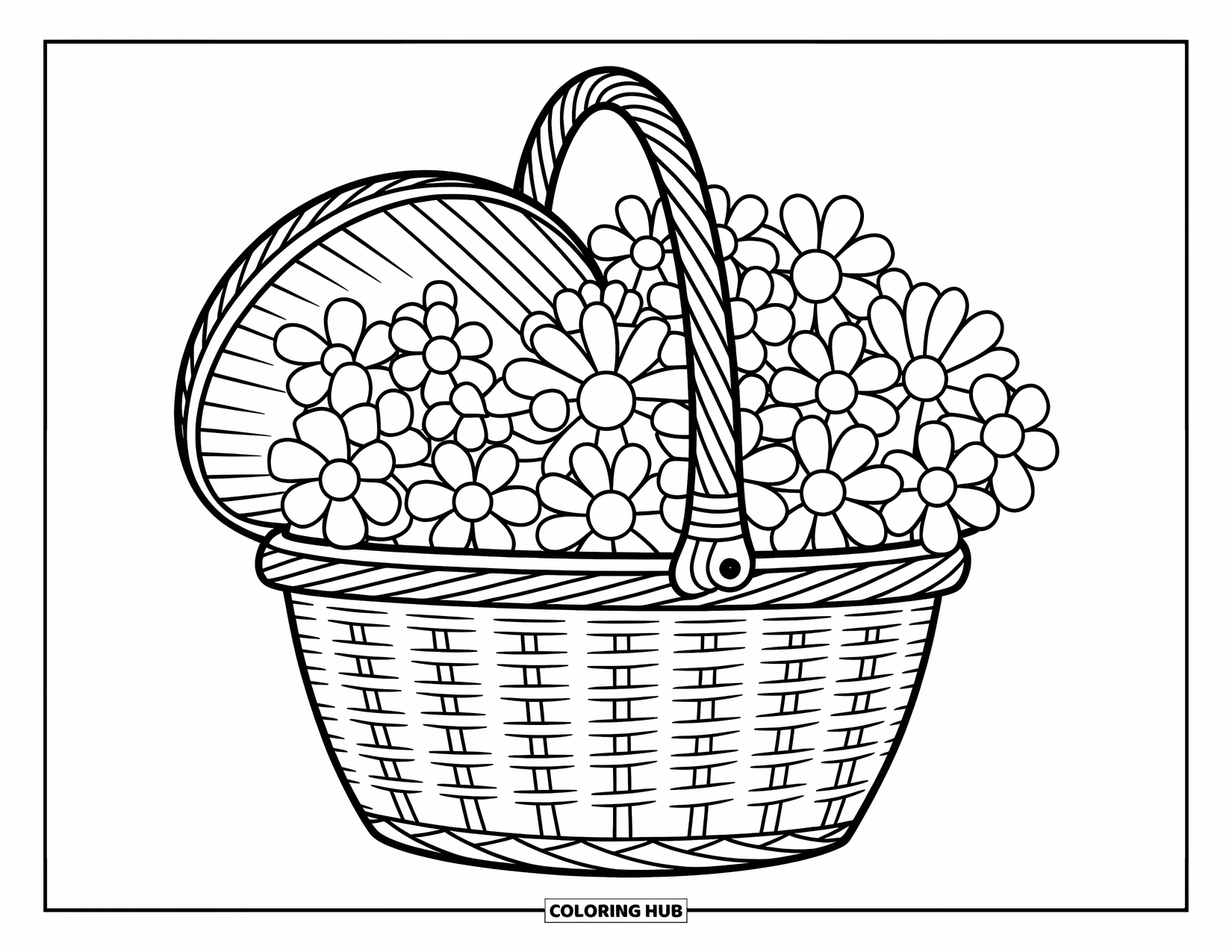 Spring Flowers Coloring Page for Adults: Spring blooms peek from a basket with playful outlines and gentle textures