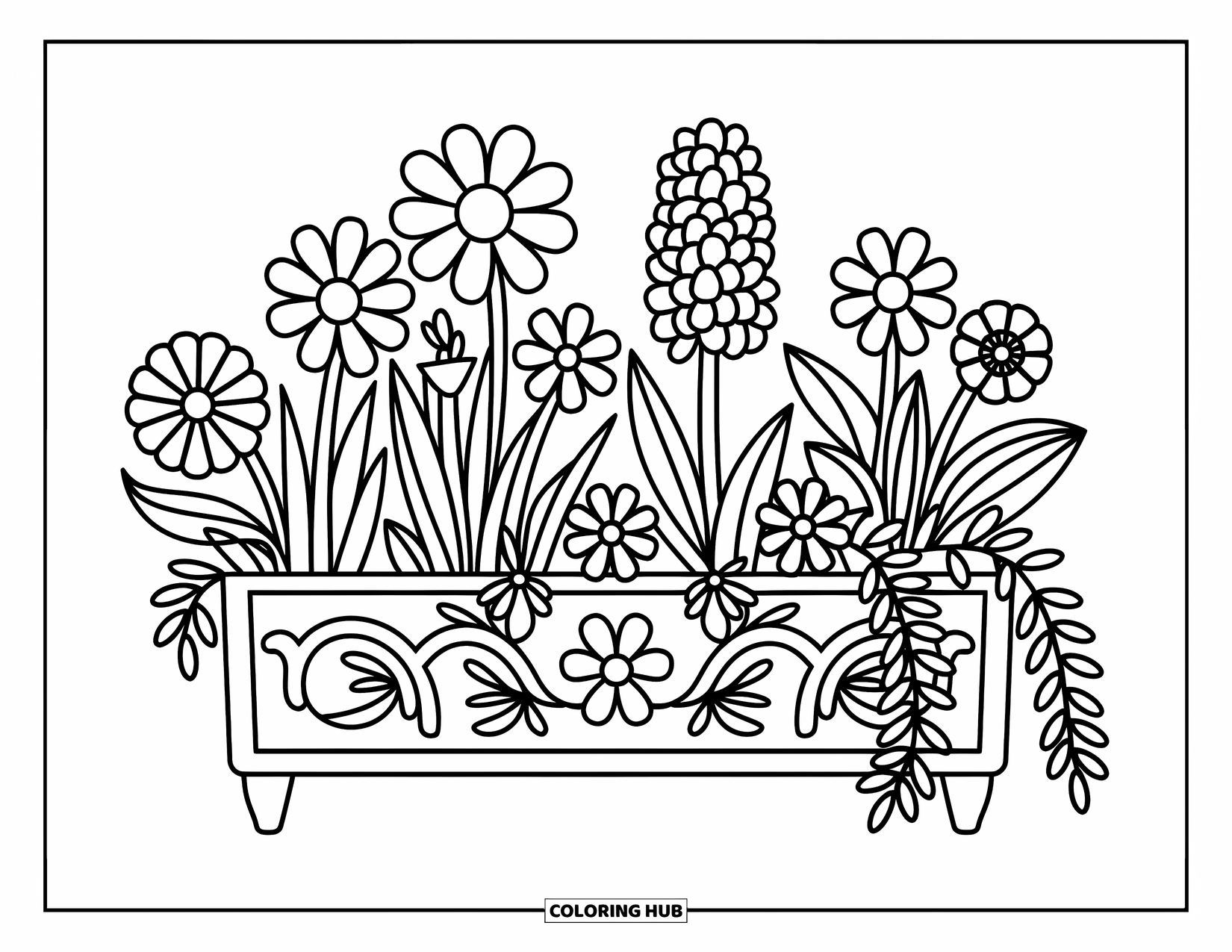 Spring Flowers Coloring Page for Adults: Spring flowers bloom in a carved window box with leaves spilling over