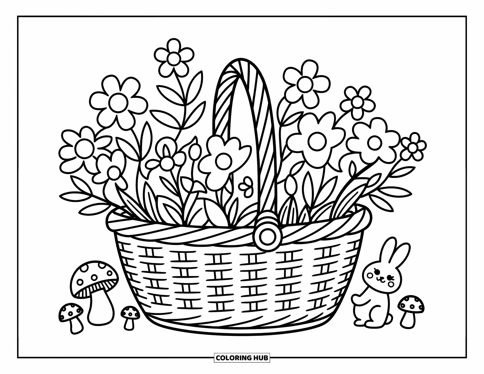 Spring Flowers Coloring Page for Adults: Spring flowers fill an open picnic basket surrounded by tiny bunnies and mushrooms