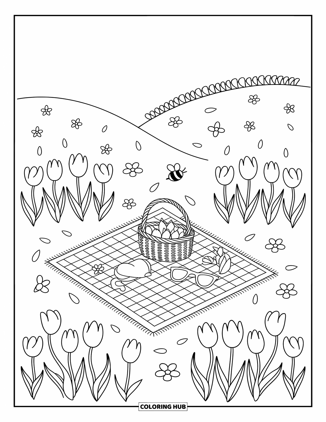 Spring Flowers Coloring Page for Adults: Tulips bloom on a hillside picnic with bees and floating petals