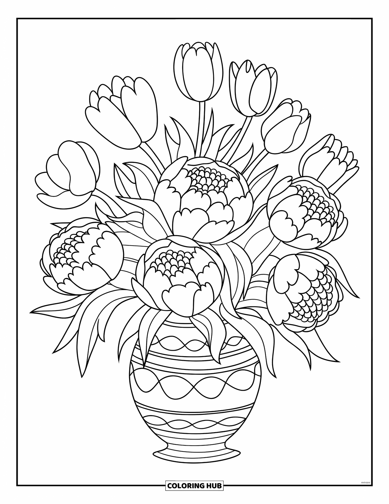 Spring Flowers Coloring Page for Kids: A bouquet of peonies and tulips rests in a vase with spiral designs