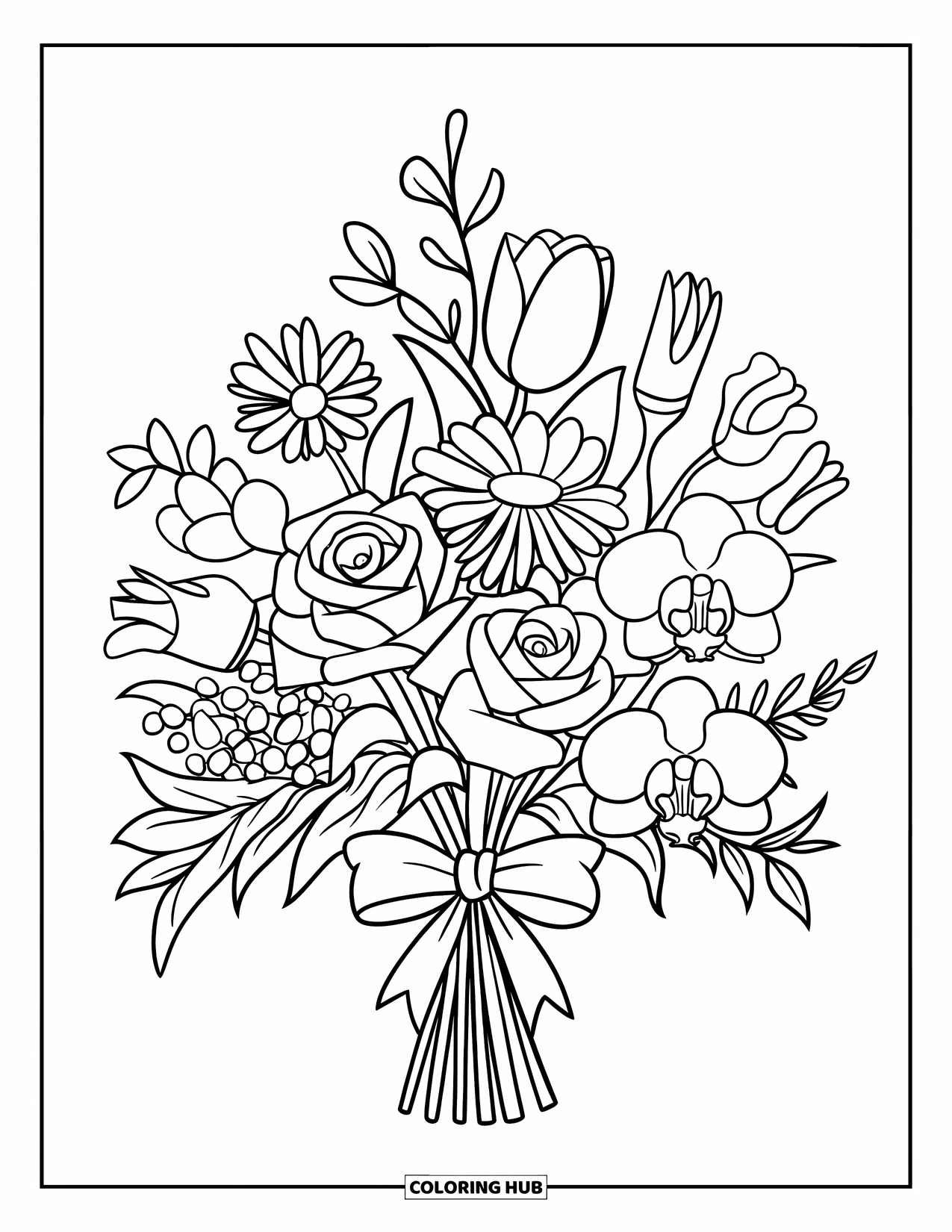 Spring Flowers Coloring Page for Kids: A cheerful bouquet of five flowers sits in a vase tied with a bow