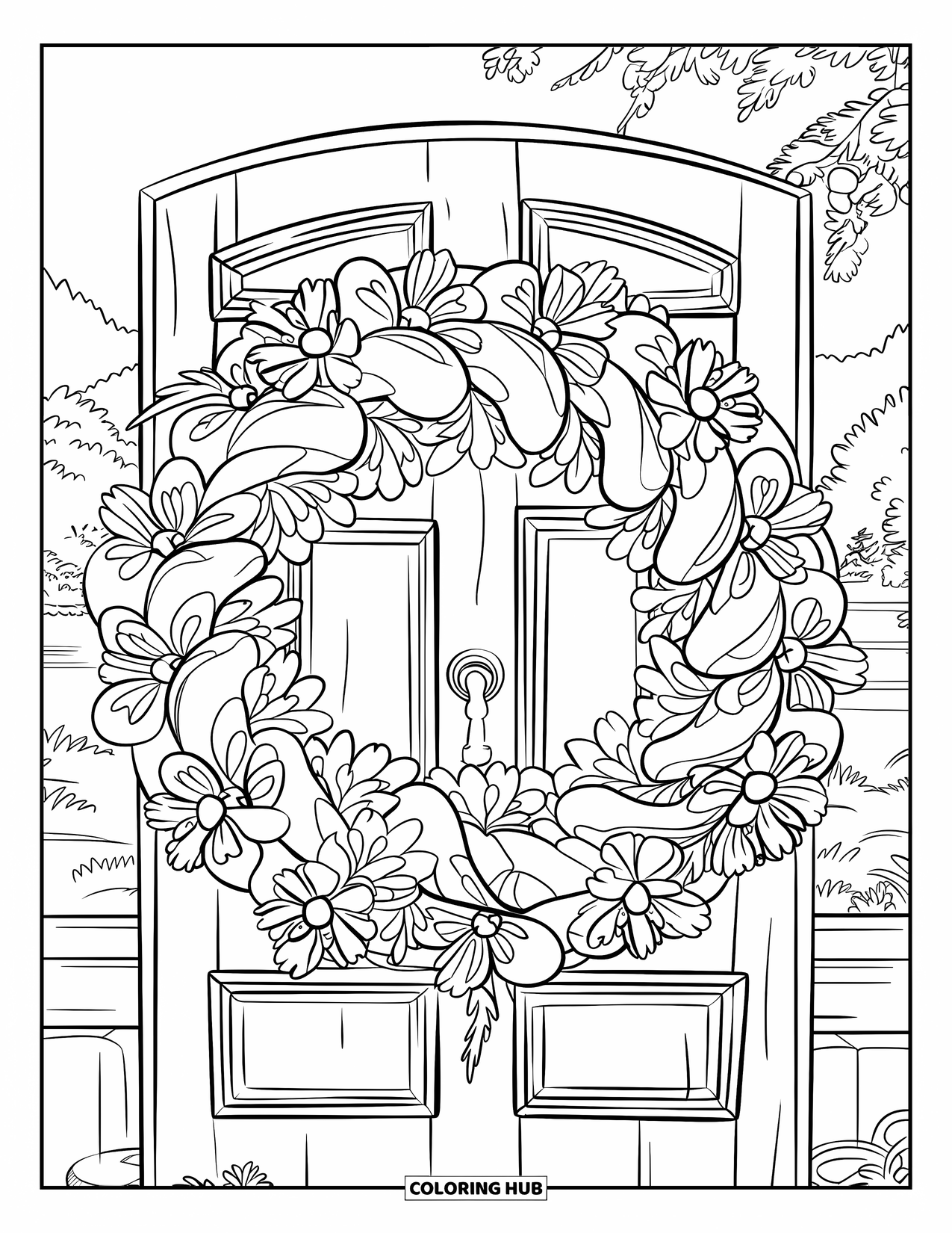 Spring Flowers Coloring Page for Kids: A cherry blossom wreath with a bow hangs on a door near mountains