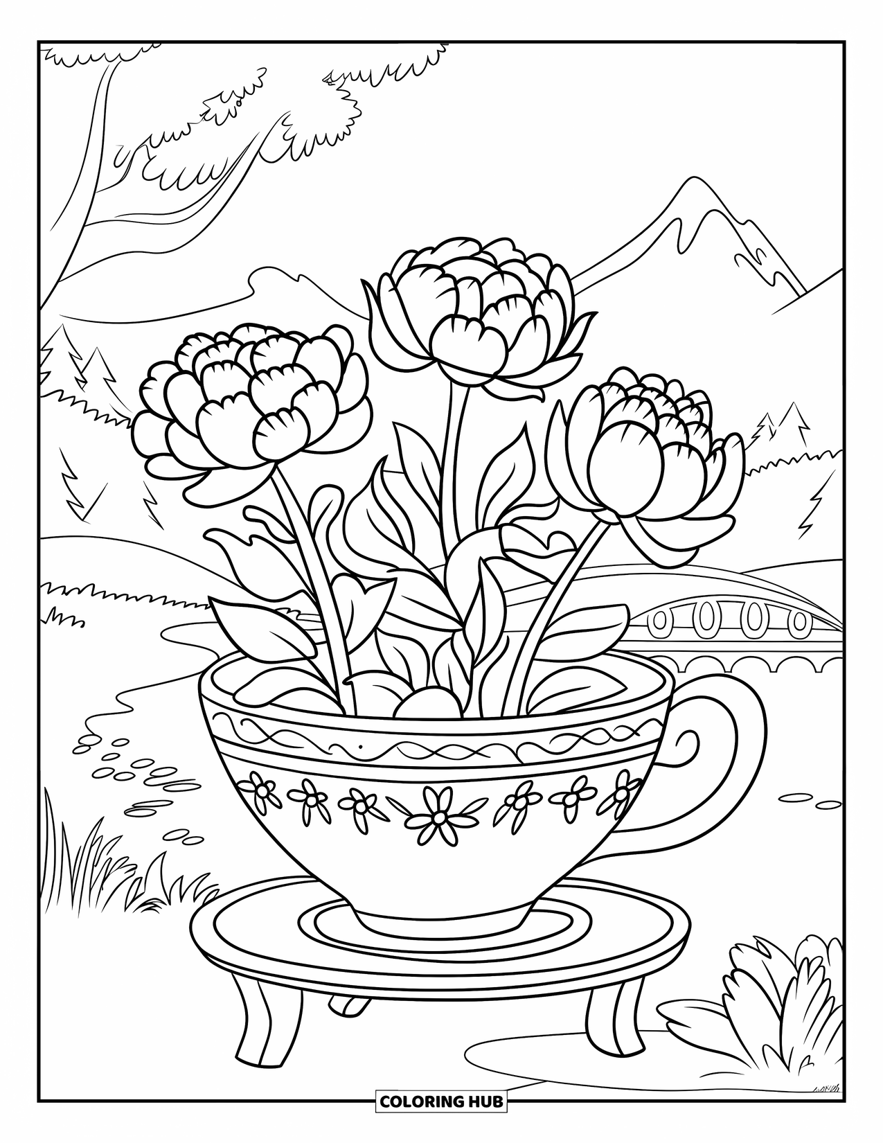 Spring Flowers Coloring Page for Kids: A cluster of peonies blooms in a teacup pot near mountains and a bridge