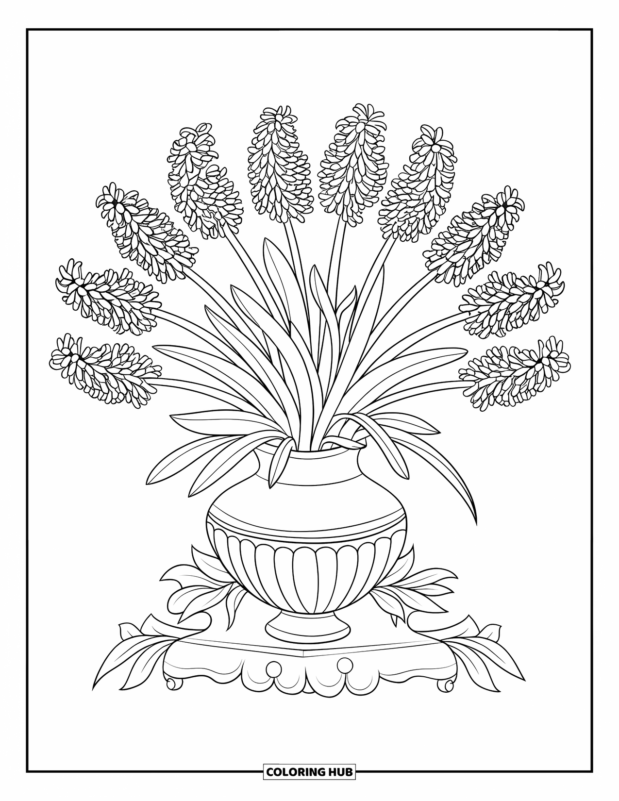 Spring Flowers Coloring Page for Kids: A fan of purple hyacinths stands tall in a vase on a wooden stand