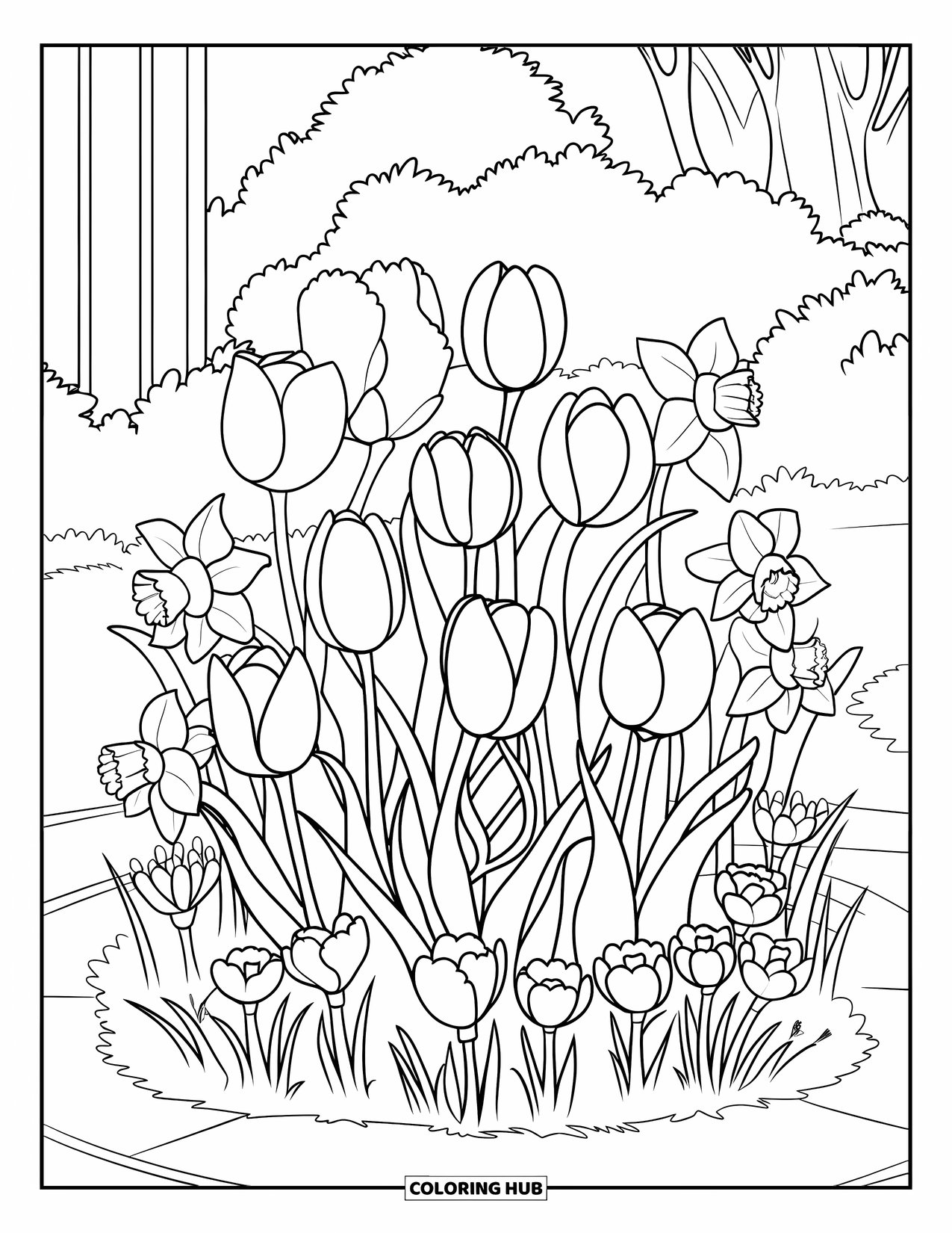 Spring Flowers Coloring Page for Kids: A garden bed of tulips, daffodils, and crocuses grows near trees and a building
