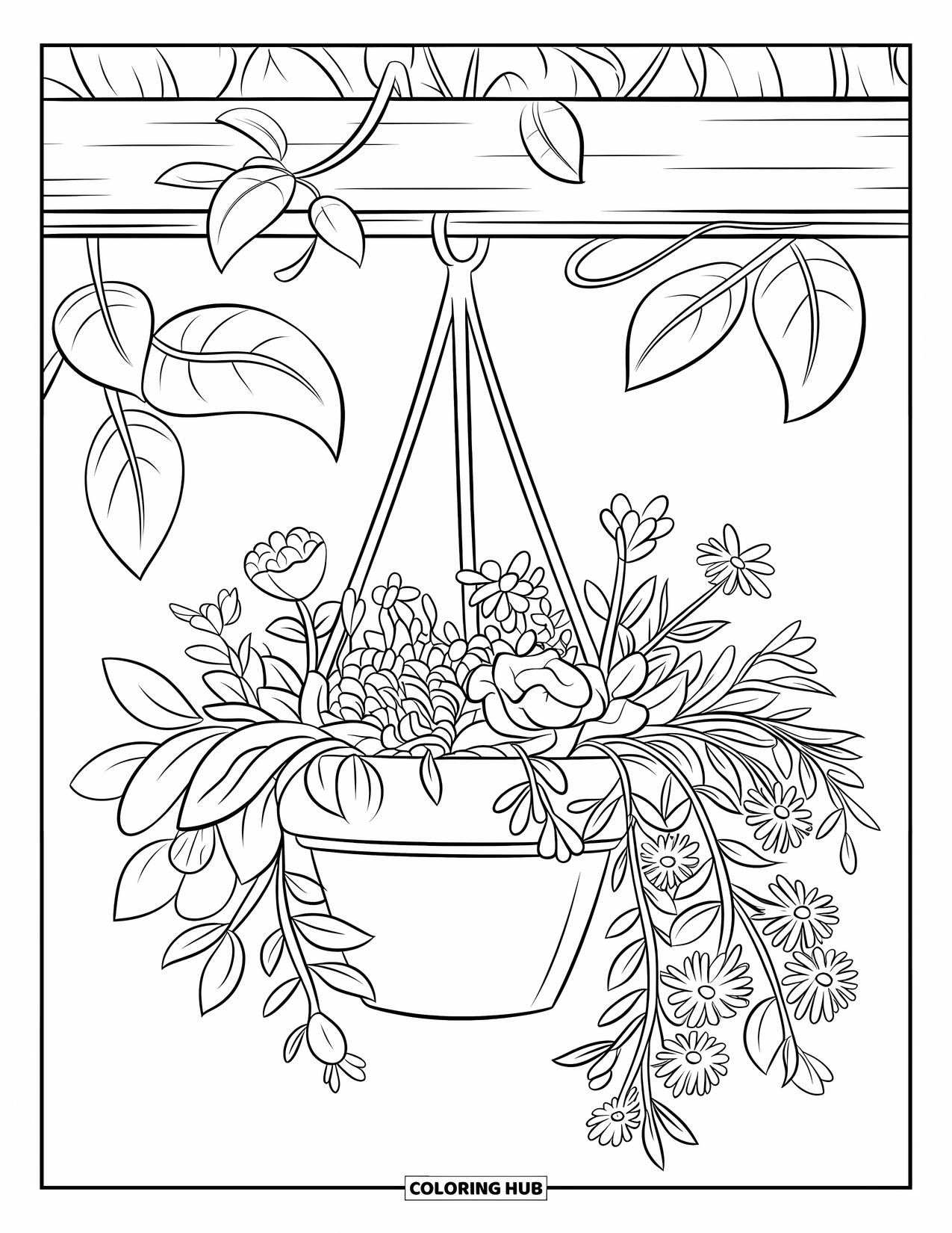 Spring Flowers Coloring Page for Kids: A hanging pot overflows with spring blooms and large, bold leaves