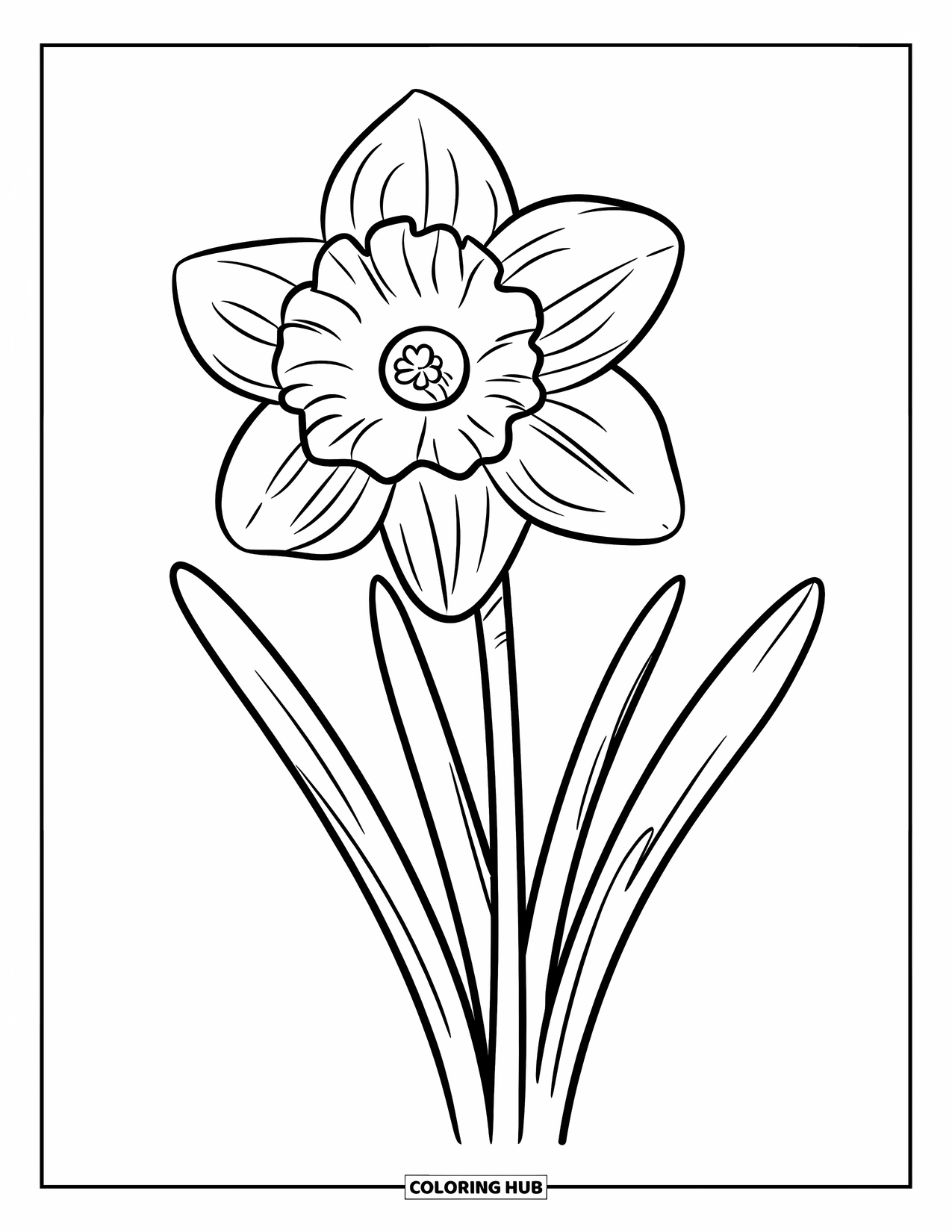 Spring Flowers Coloring Page for Kids: A large daffodil with wide petals stands in a pot with bold outlines