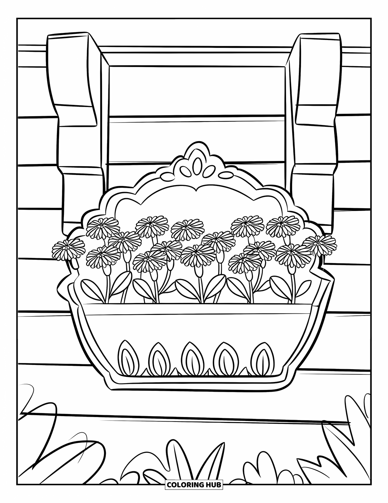 Spring Flowers Coloring Page for Kids: A rustic wall pouch holds rows of marigolds with leaves peeking from the bottom