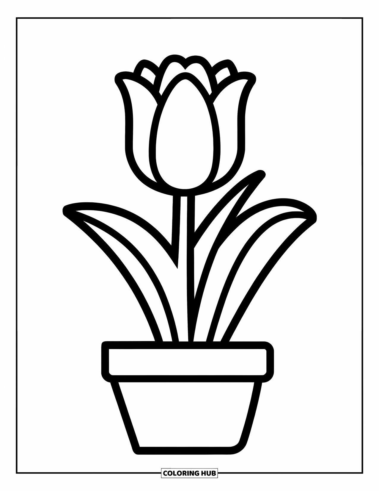 Spring Flowers Coloring Page for Kids: A single tulip blooms playfully in a pot with easy-to-color lines