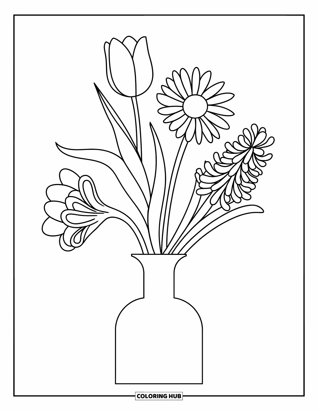 Spring Flowers Coloring Page for Kids: A tall, narrow vase holds a lively mix of spring flowers on white