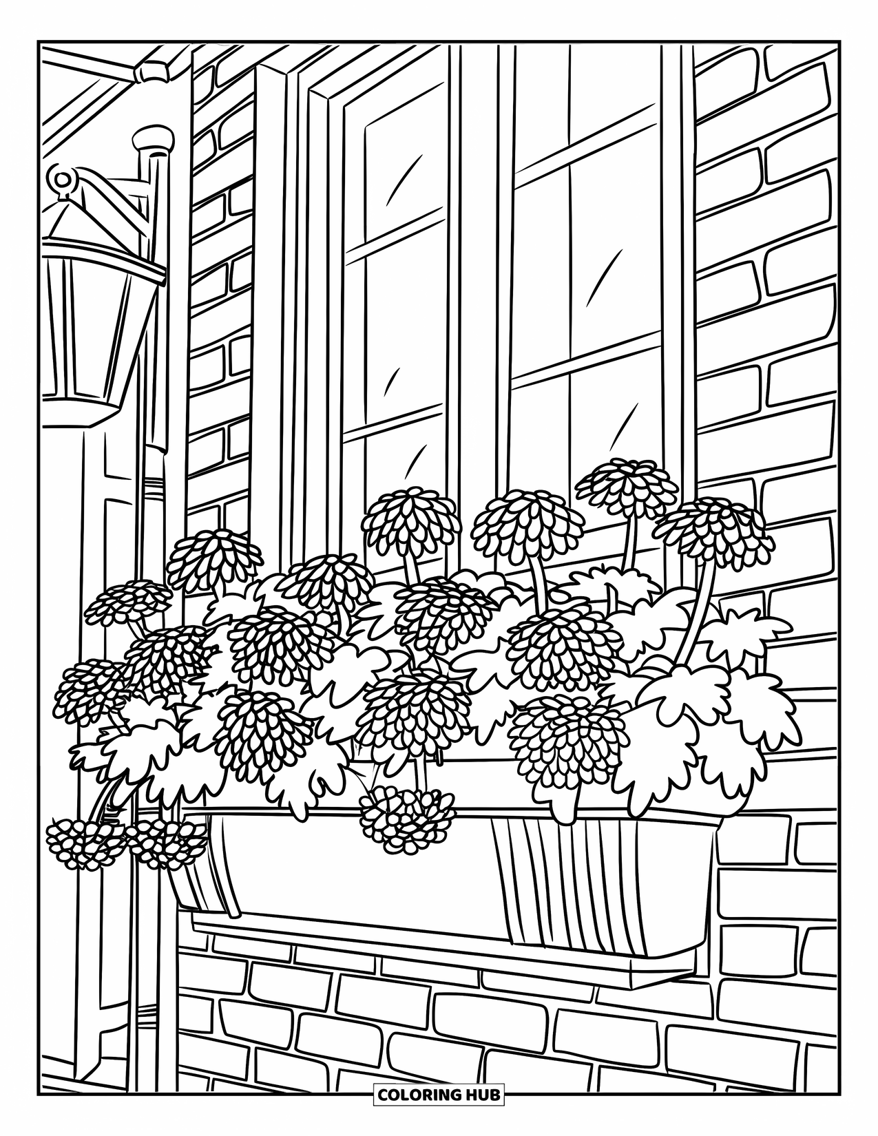 Spring Flowers Coloring Page for Kids: A window box of geraniums and mums sits under a lantern on a brick wall