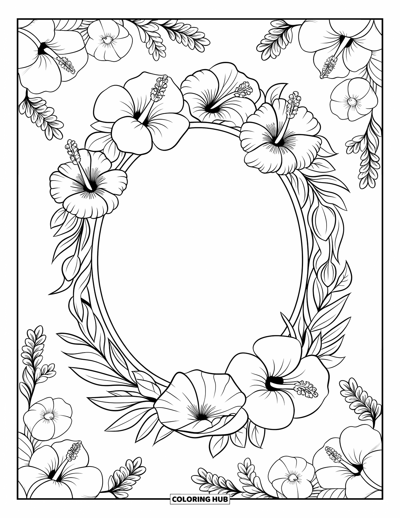 Spring Flowers Coloring Page for Kids: An oval floral frame made of hibiscus and poppies surrounds a soft white space