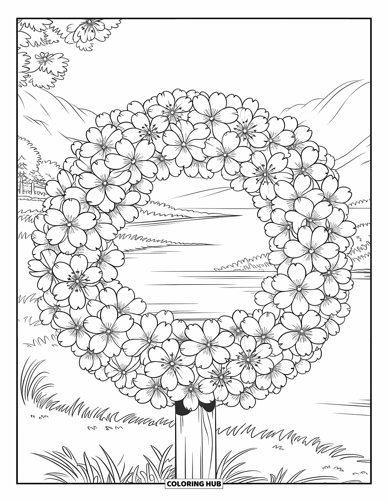 Spring Flowers Coloring Page for Kids: Cherry blossoms form a wreath hanging on a post with trees and water nearby